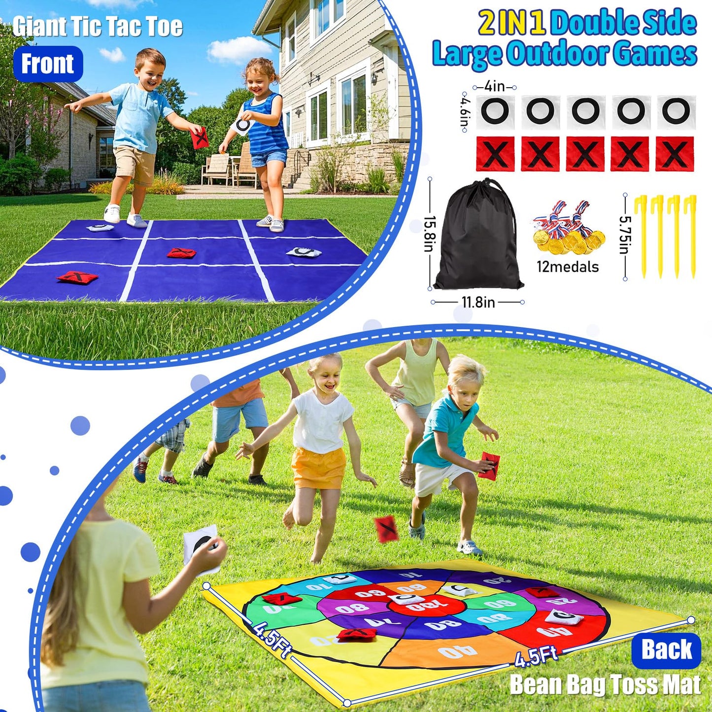 2-in-1 Outdoor Giant Tic Tac Toe Bean Bag Toss Games for Kids Adults 4.5Ft Double-Sided Large Outside Lawn Yard Backyard Carnival Field Day Beach Picnic Camping Birthday Party Family Reunion Lawn Game
