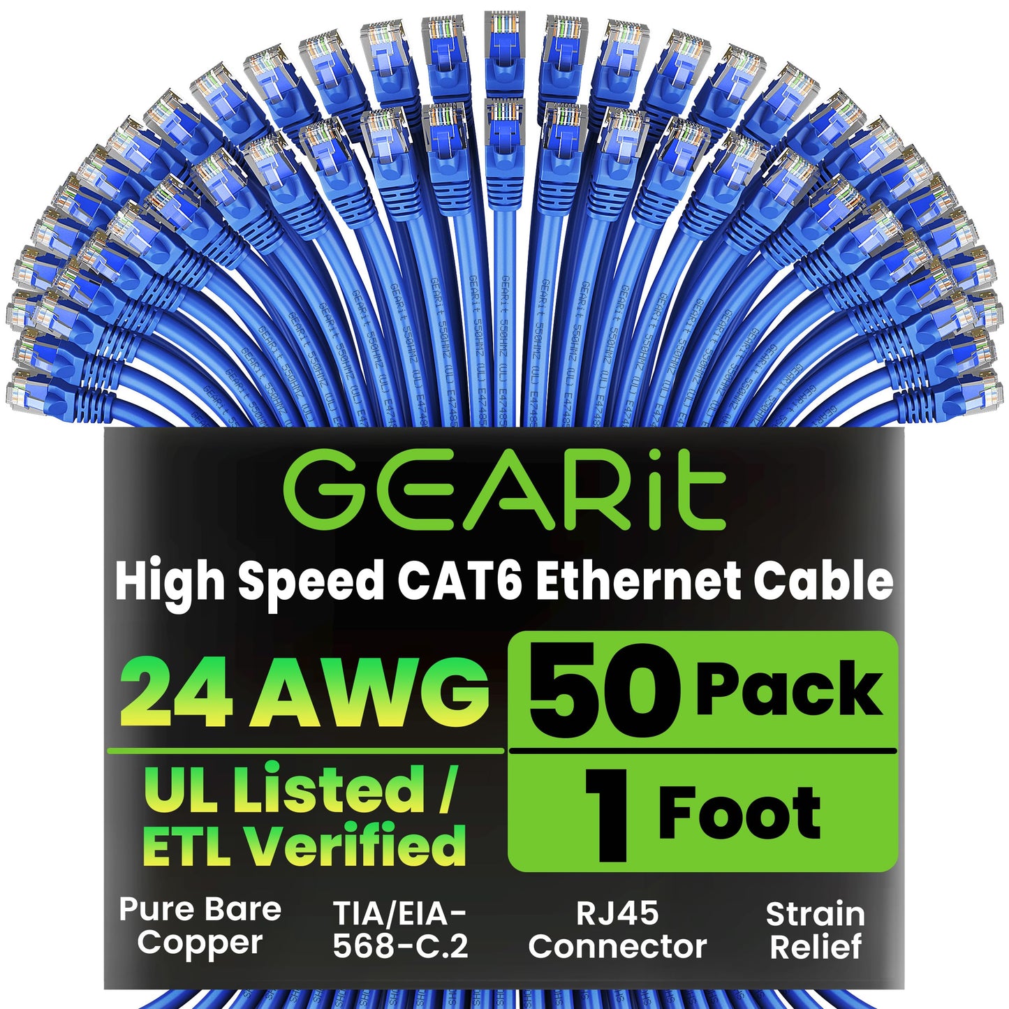 GearIT 50-Pack, Cat 6 Ethernet Cable Cat6 Snagless Patch 1 Foot - Snagless RJ45 Computer LAN Network Cord