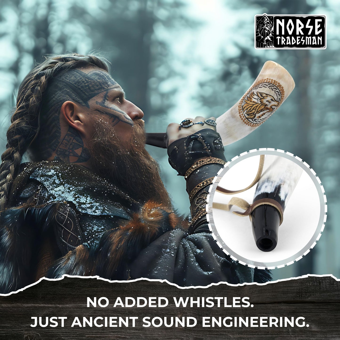 Norse Tradesman Viking War Horn – 12" Blow Horn Battle Trumpet Crafted from Authentic Premium Ox Horn – Hand Engraved with Norse Wolves – A Stirring Piece of History – "The Howler"