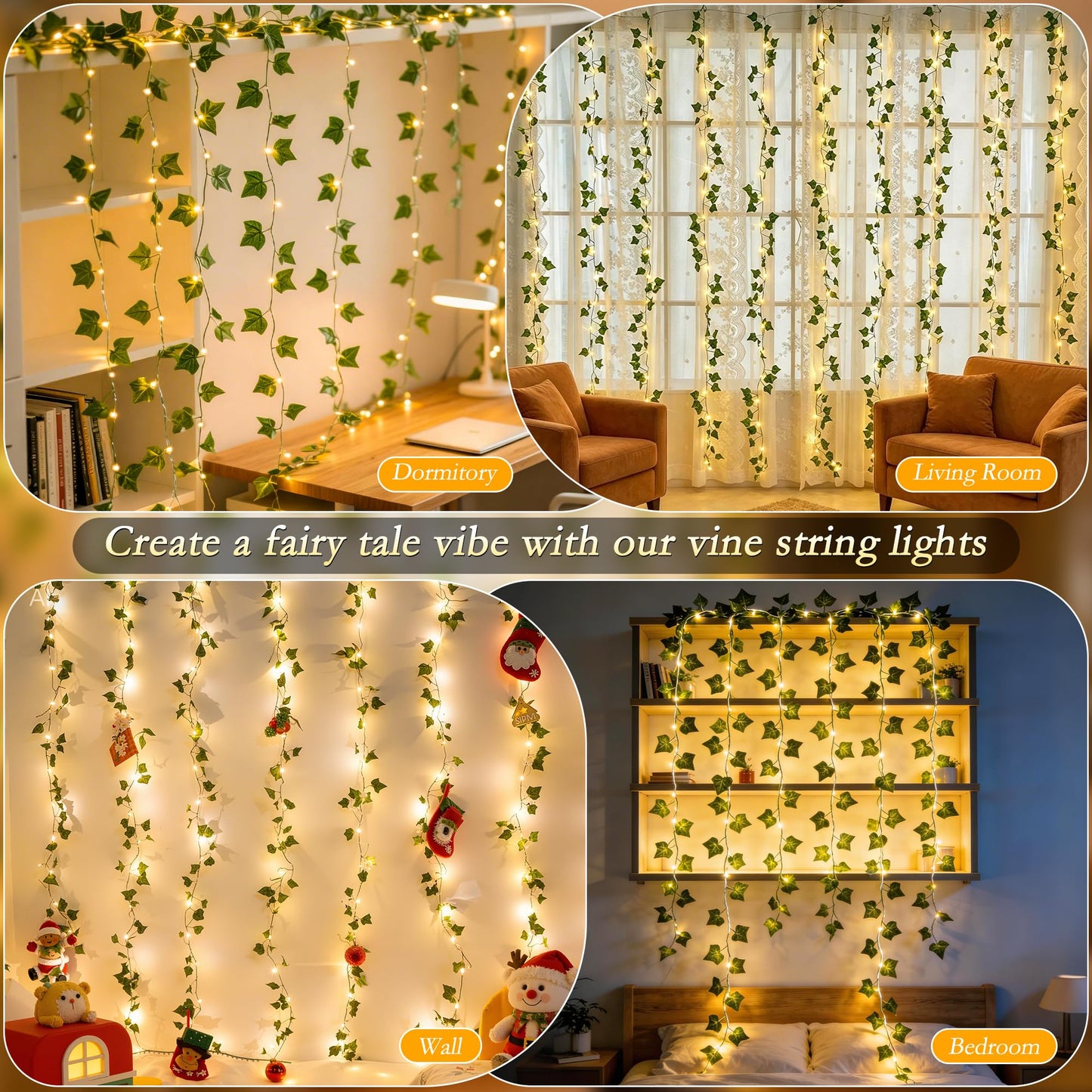 Soagrc Ivy Vines with Fairy Lights, 200 LED Vine Lights with Remote and 8 Lighting Modes, Ivy Curtain Lights for Dorm Wall Wedding Party Garden Decor, 6.6ft x 6.6ft