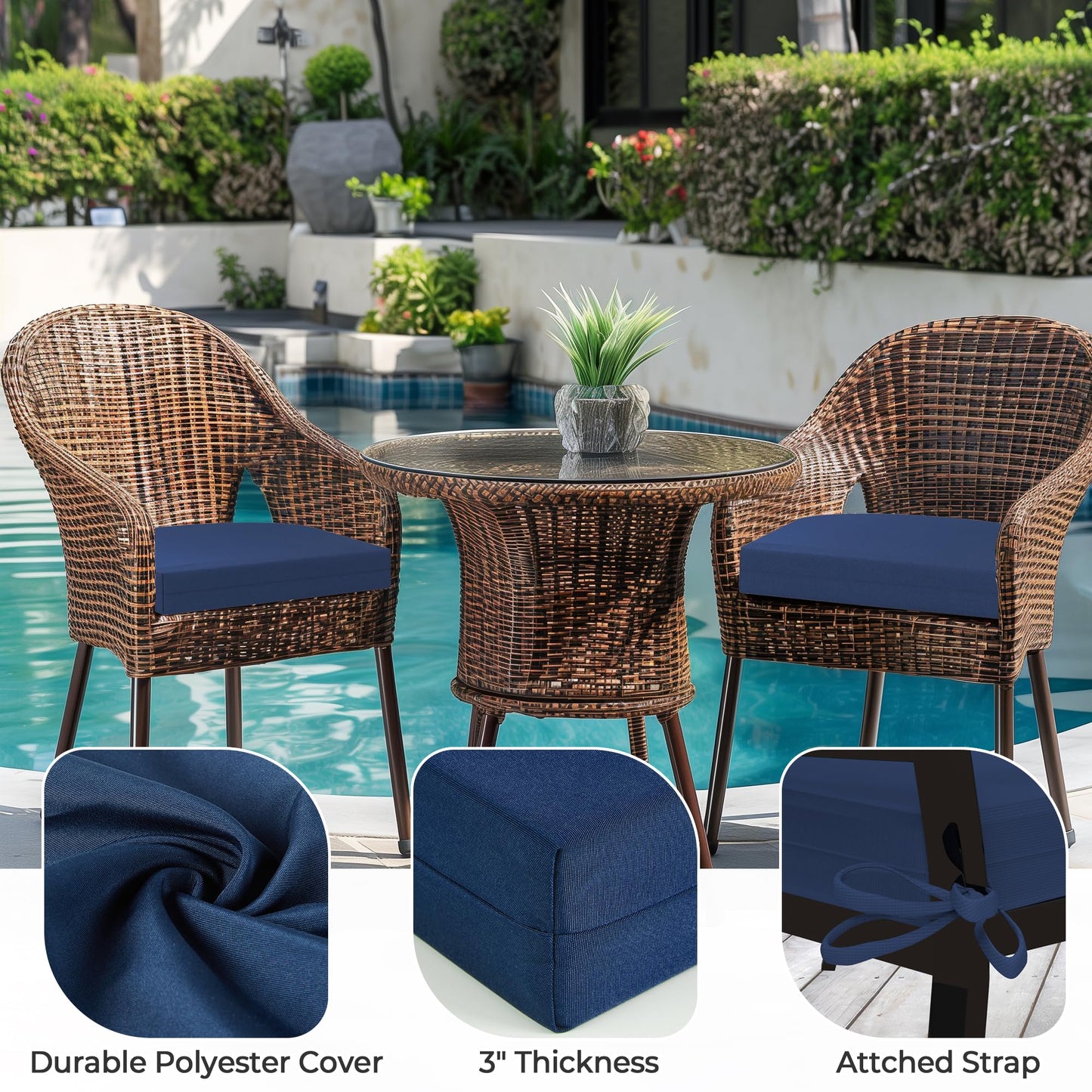 Bafode Patio Chair Cushions Set of 4, 17" x 16" x 2" Waterproof Outdoor Chair Cushions for Furniture, Seat Cushion with Ties, for Patio, Yard, Garden Dining Chair