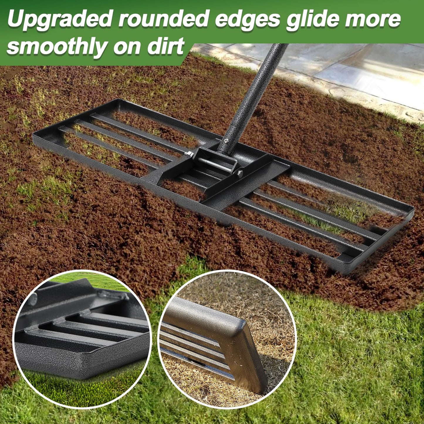 Lawn Leveling Rake, 30 Inch Heavy Duty Lawn Leveler with Adjustable Handle, Yard Soil Grass Dirt Leveling Rake Ground Level Tool (5FT)