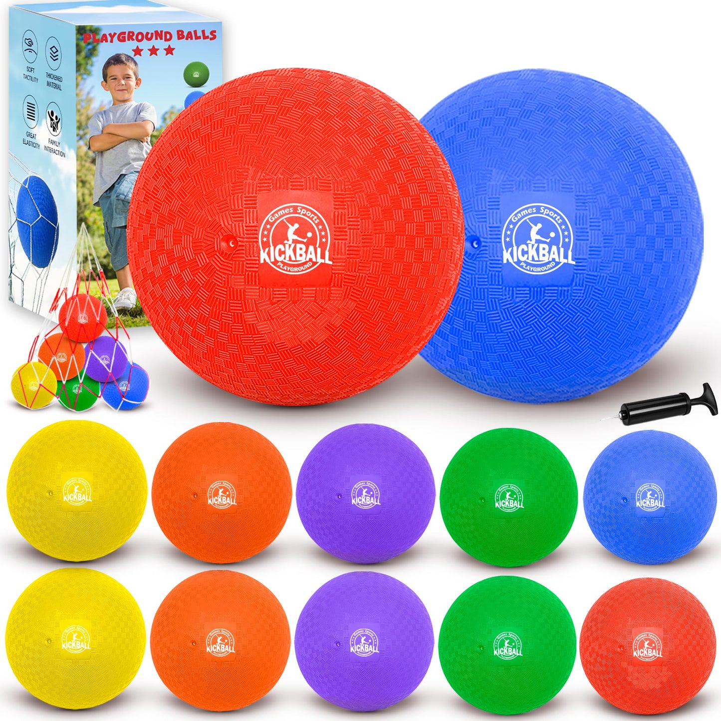 8.5 Inch Kickball Set, Dodgeballs 12 Pack, Playground Balls for Kids&Adults, Bouncy Balls Includes Pump and Storage Bag, Handball for Outdoor & Indoor Games, Boys and Girls Gift with Gift Box