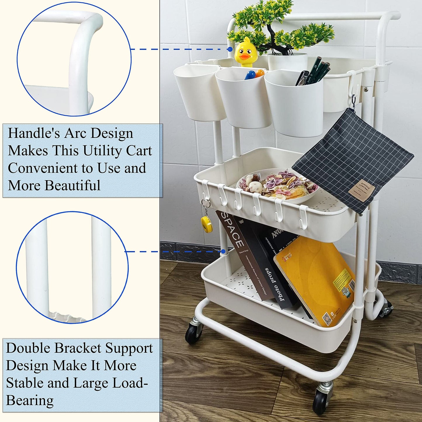 Freletry 3 Tier Rolling Utility Cart Multifunction Storage Organizer Shelf Rack with Lockable Wheels 3PCS Cups and 8PCS Hooks for Home Office Kitchen Bathroom Store (White)