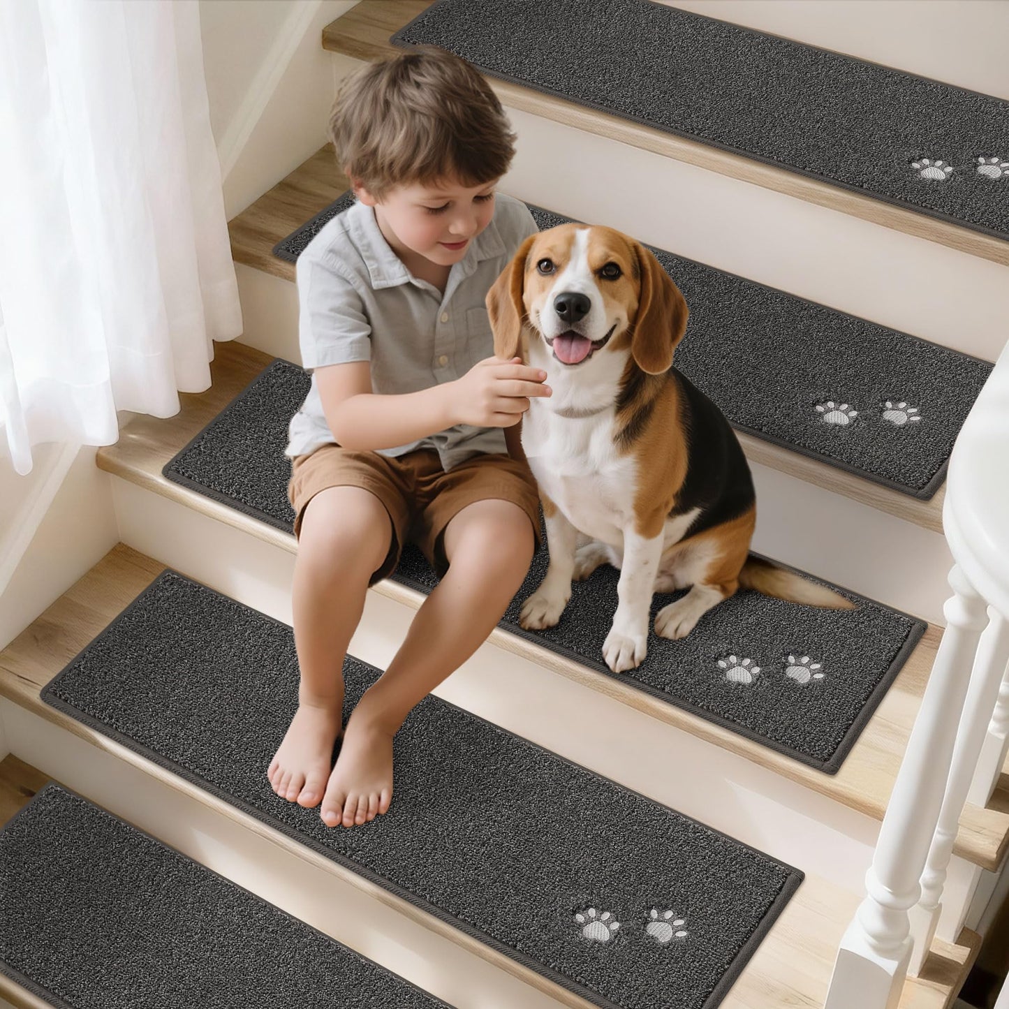 BEQHAUSE Stair Treads for Wooden Steps Non-Slip Machine Washable Carpet Stair Treads 28"X9" Soft Indoor Stair Runner for Kids Elders and Pets, 100% Polyester, 4pcs, Dark Grey