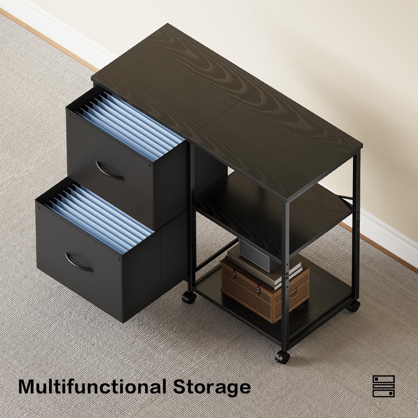 YeTom Fabric Lateral File Cabinet with Wheels, Rolling Printer Stand with Open Storage Shelf for Home Office, Black