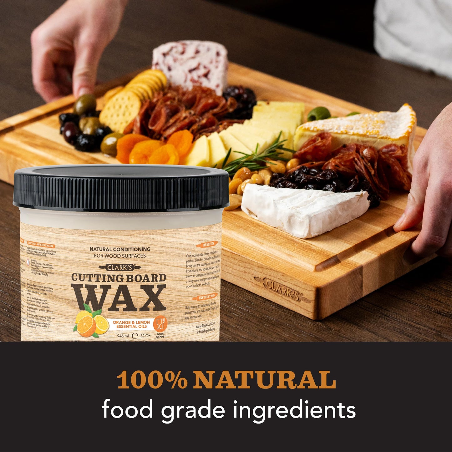 CLARK'S Cutting Board Wax, 946 mL - 2 in 1 Wood Butter & Food Grade Mineral Oil with Beeswax – Butcher Block Conditioner for Cutting Boards – Orange & Lemon Essential Oil Scent