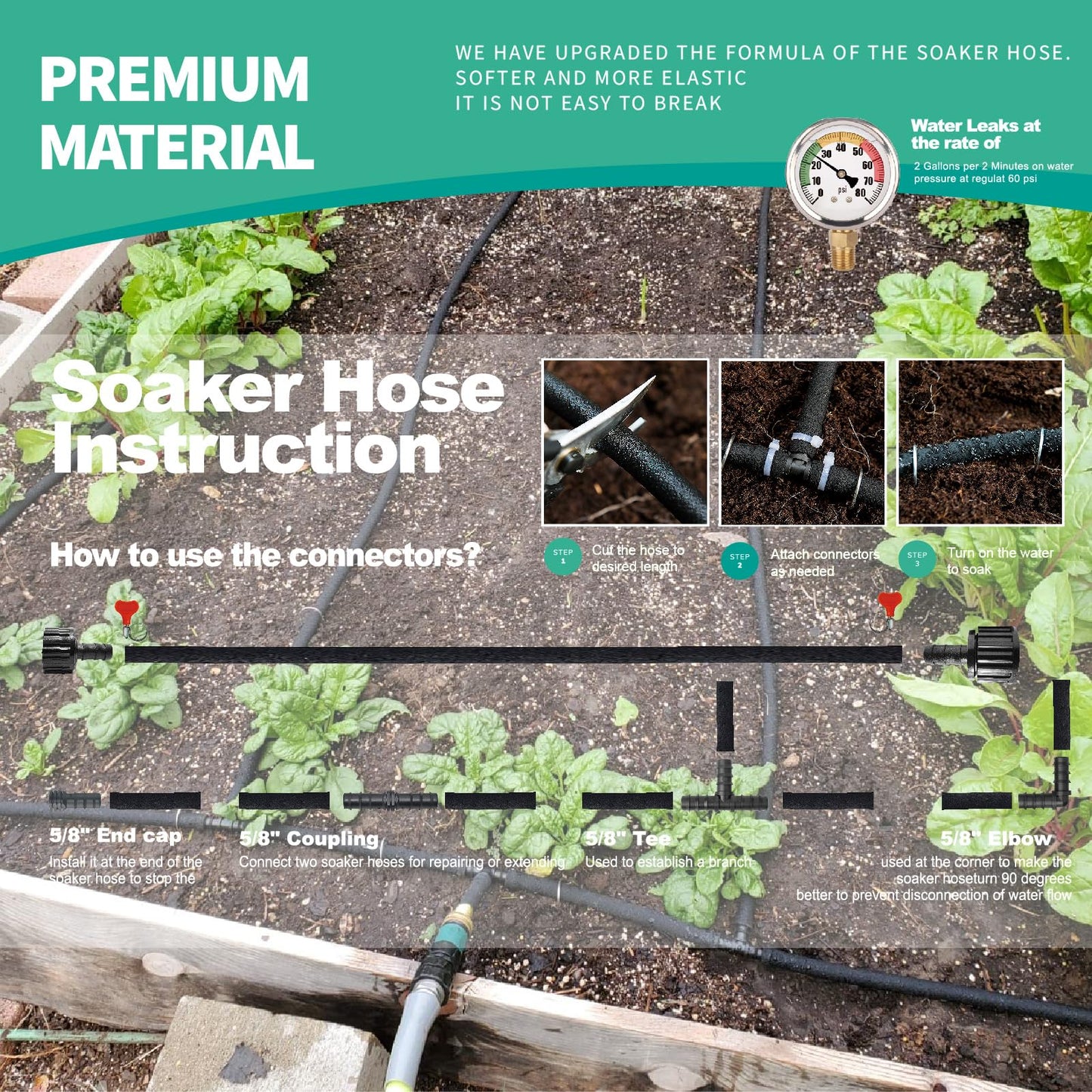 XDRSIXA Soaker Hose 100 FT For Garden Beds,Solid Brass Connector 1/2" Round Heavy Duty Garden Soaker Hose Kit Watering Hose With Holes For Vegetable/Fruit Beds, Shrubs, Lawn,Yard