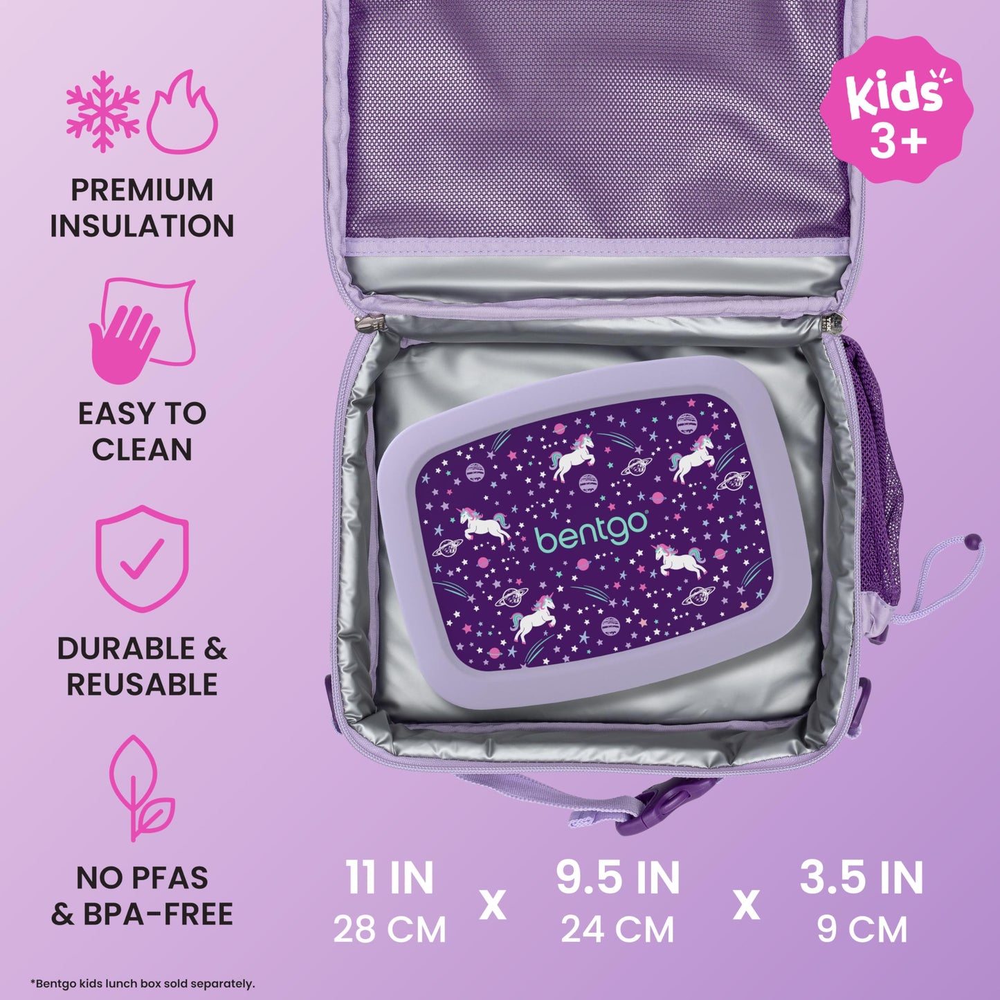 Bentgo Kids Lunch Bag - Durable, Double-Insulated Lunch Bag for Kids 3+; Holds Lunch Box, Water Bottle, & Snacks; Easy-Clean Water-Resistant Fabric & Multiple Zippered Pockets (Unicorn)