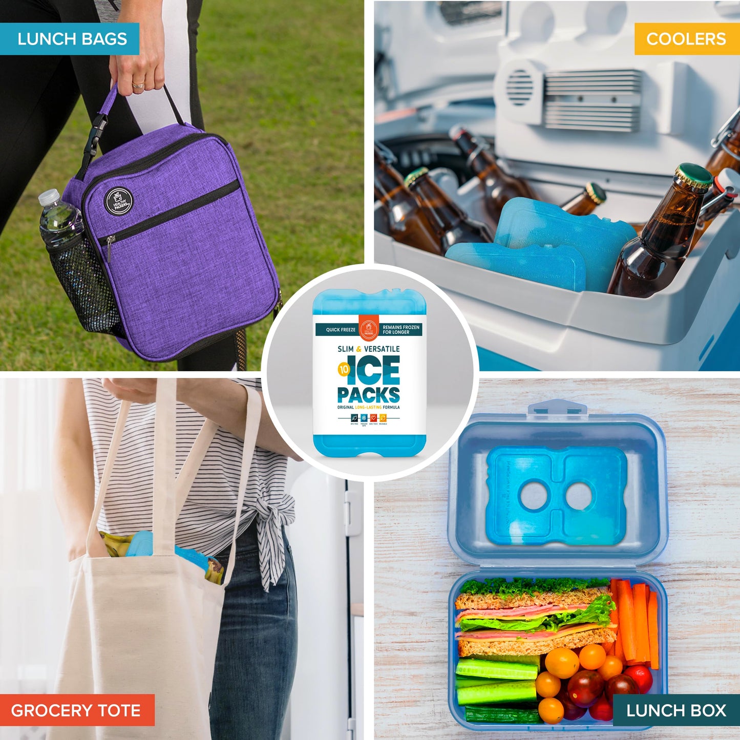 Ice Packs for Lunch Bags - Original Cool Pack | Slim & Long-Lasting Reusable Ice Pack for Lunch Box, Lunch Bag and Cooler | Freezer Packs for Coolers (Set of 10)