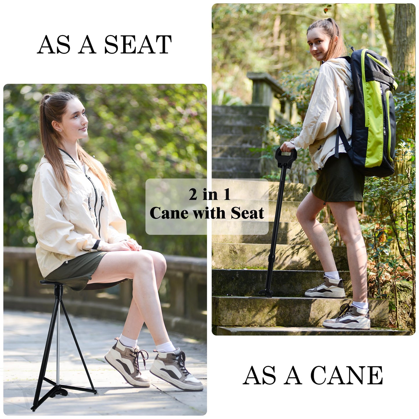 PLOGGING Walking Cane with Seat for Men & Women,Portable Cane Seat with Carry Bag,Lightweight Anti-Slip Walking Stick for Seniors & Adults,Foldable Adjustable Crutches Chair for Travel Hiking
