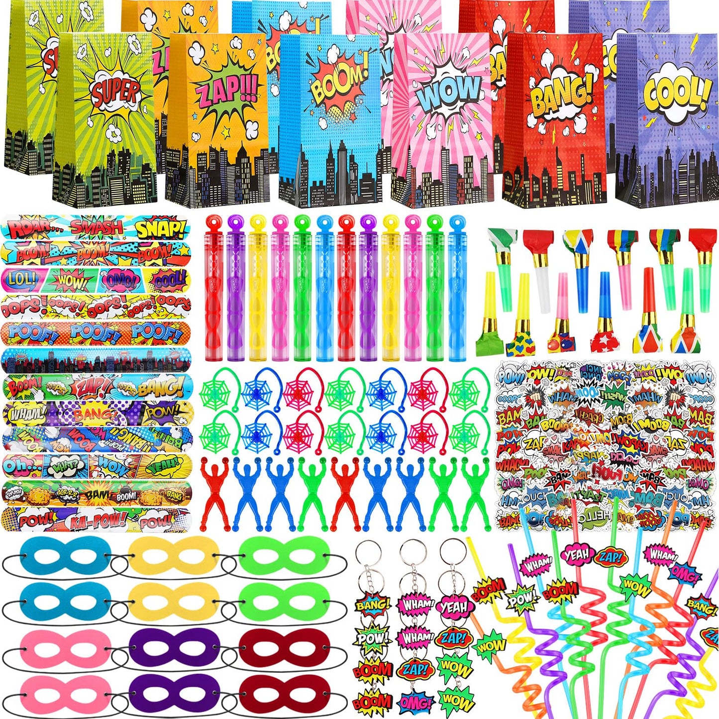 158Pcs Hero Party Favors - 12 Guests Set, with Goodie Bag Mask Straw Slap Bracelets Keychain Party Blowers Stickers Sticky hands for Birthday Decorations & Pinata Fillers