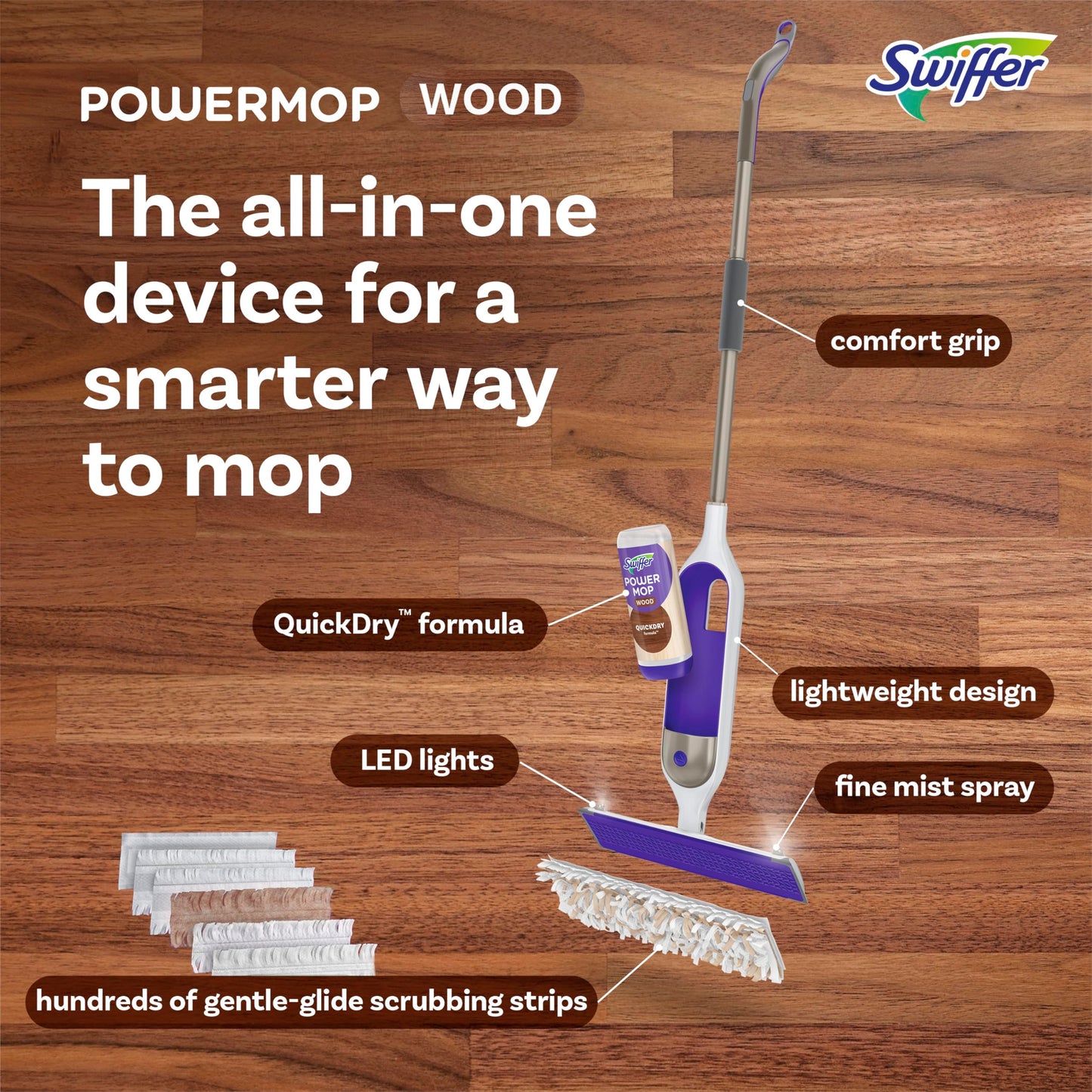 Swiffer Power Mop Wood, Hardwood Floor Cleaner for Mopping Home, All Purpose Multi-Surface Cleaning Set Includes PowerMop Wood, 2 Pads, 1 Quickdry Lemon Solution, & 2 Batteries, 5 Count