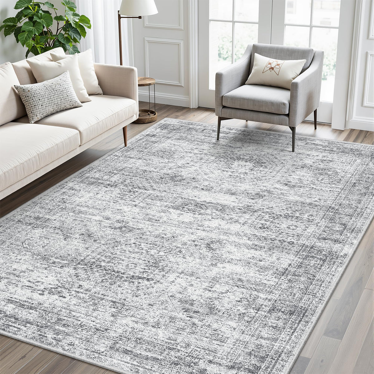 Soalmost 5x7 Area Rugs Gray Low Pile Indoor Washable Trendy Faded Style Rugs for Bedroom Living Room Dining Room Foldable Non-Slip Thin Grey Print Mat