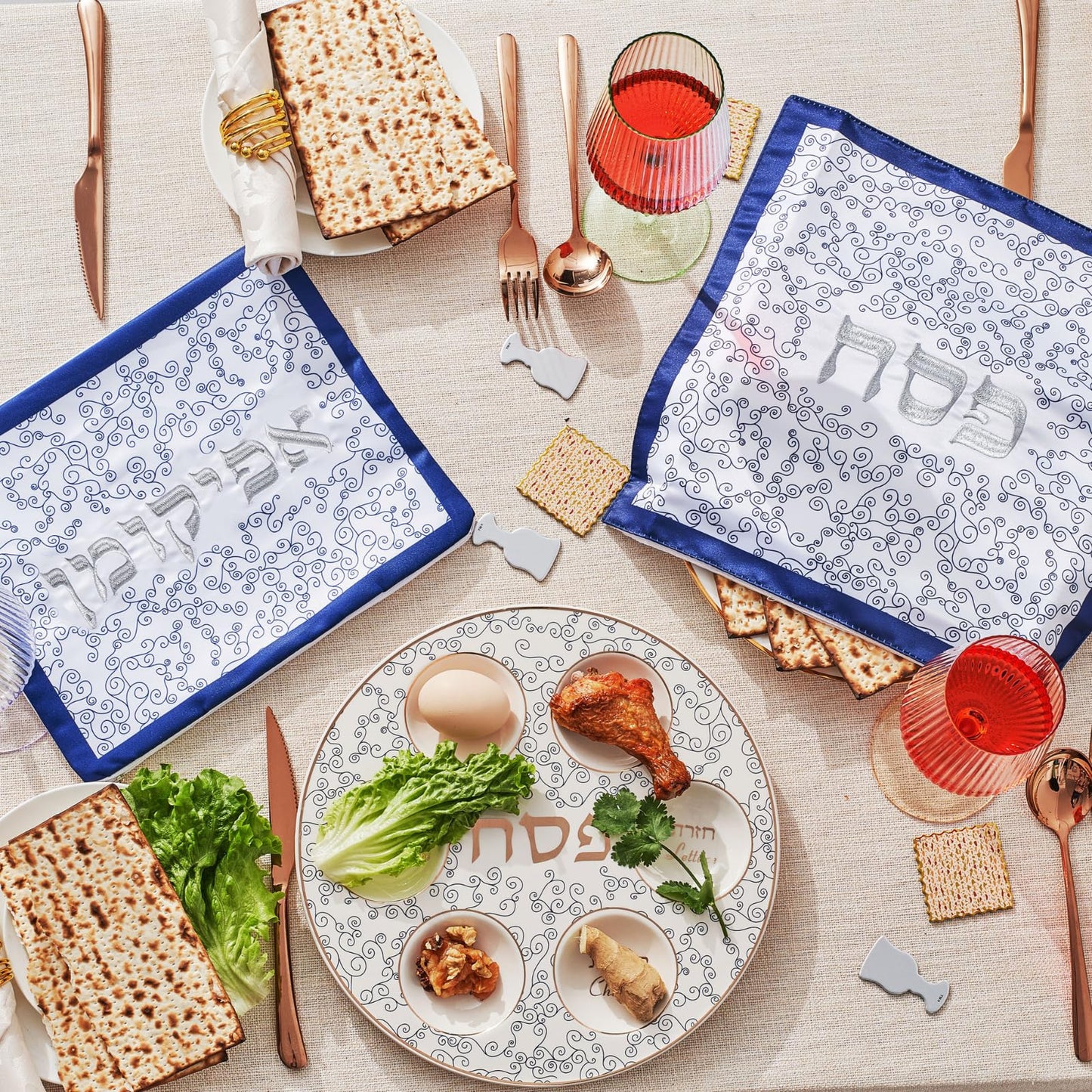 Rite Lite Classic White & Blue Curlicue Seder Plate With Gold Accents - Elegant & Modern Pesach Seder Dish Recipe Hebrew & English Haggadah Traditional Jewish Holiday Party Plate Decor Judaism Gifts