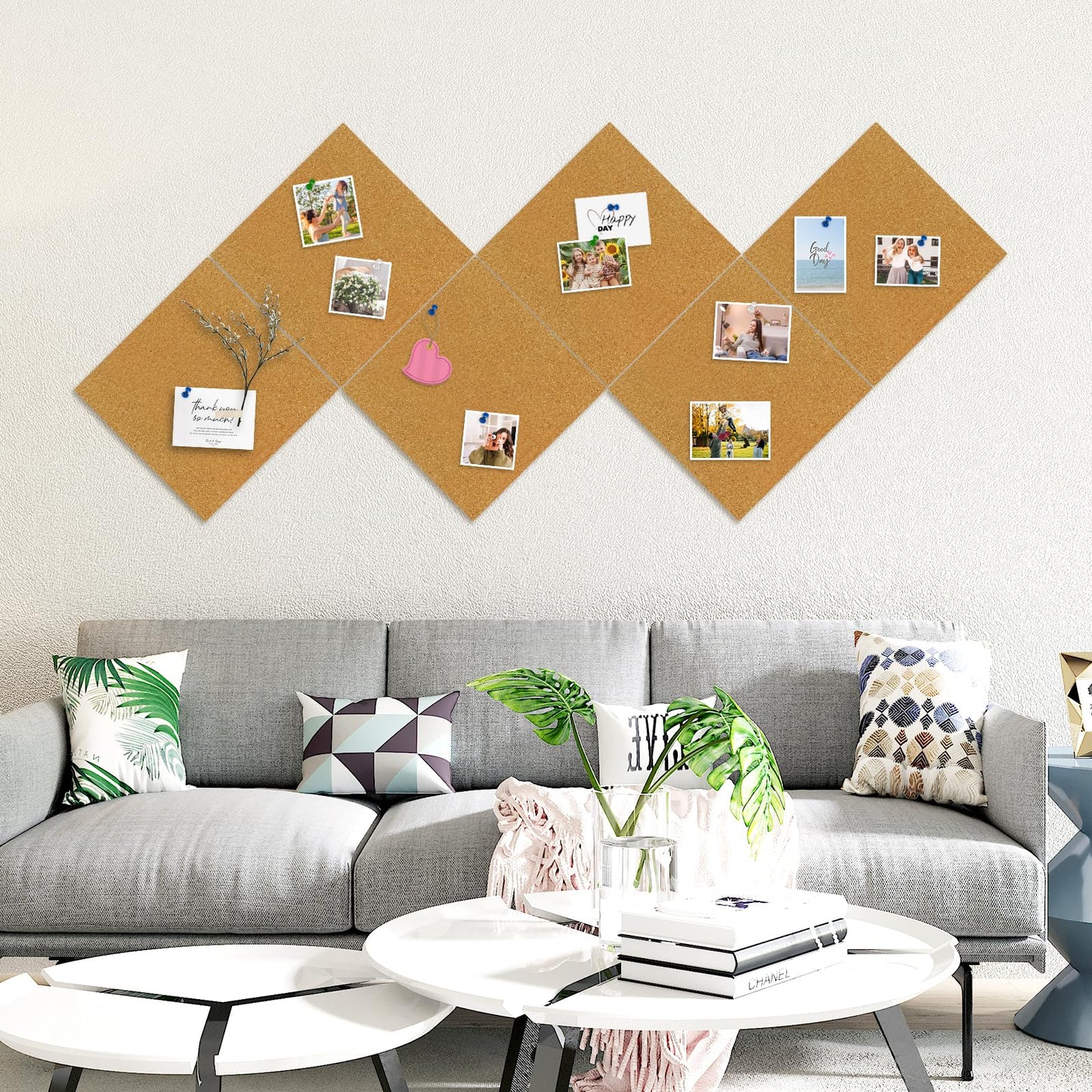 AMUSIGHT Cork Board Tiles, 6 Packs 12" x 12" 1/2" Thick Cork Bulletin Board Pin Board Self Adhesive Cork Boards for Walls with 60 Pushpins for Home Office Kitchen School