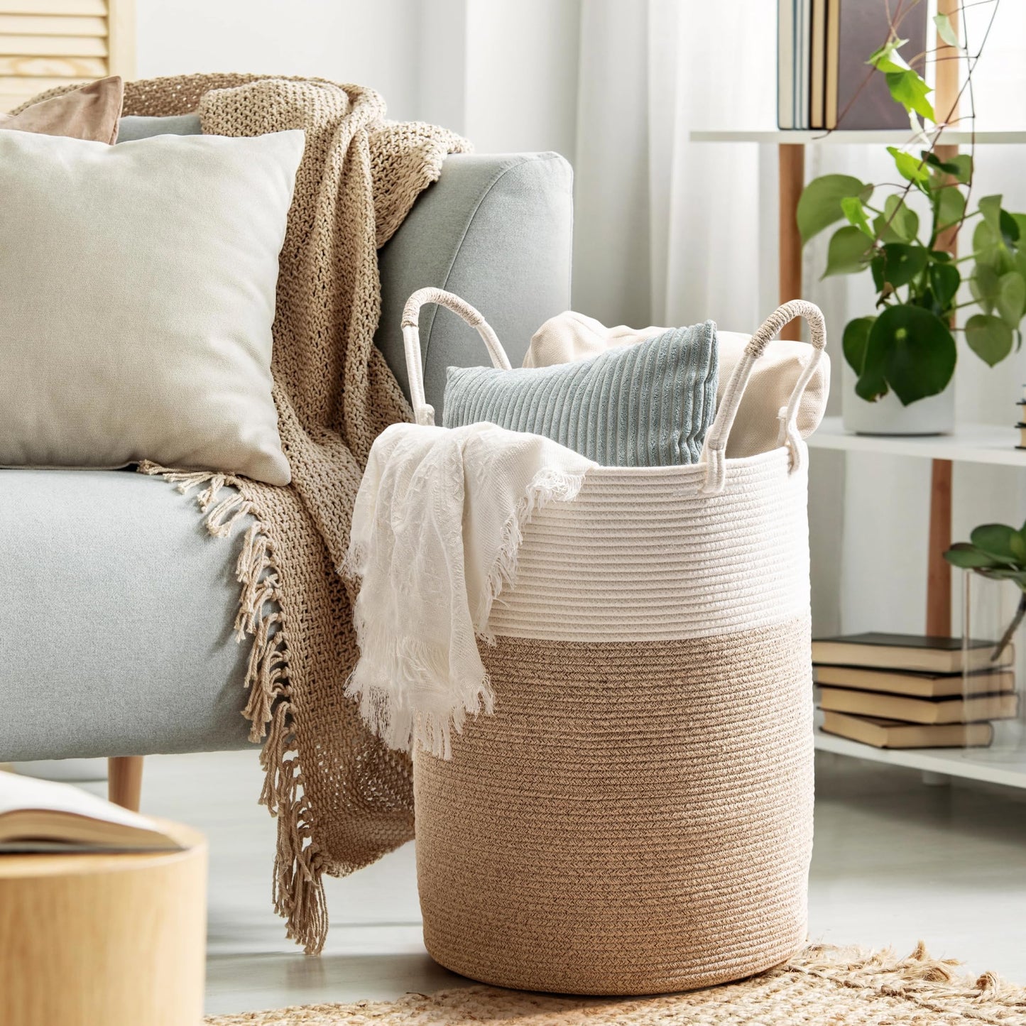 Kodomoore Laundry Basket Hamper – Woven Cotton Rope Nursery Hamper for Clothes, Blankets, Yoga Mat – Boho Basket for Living Room – 16”D x 22”H – White & Beige Brown