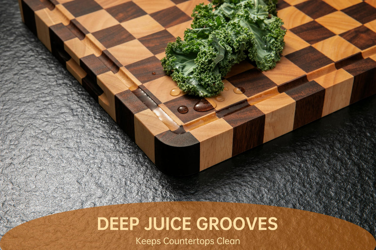 THETCHRY Cutting Boards for Kitchen, Thickened Checkered Cutting Board, Walnut & Acaia Wood Chopping Board with Juice Grooves & Handles, Double-Sided Large Butcher Block, 17" x 12" x 1.2"
