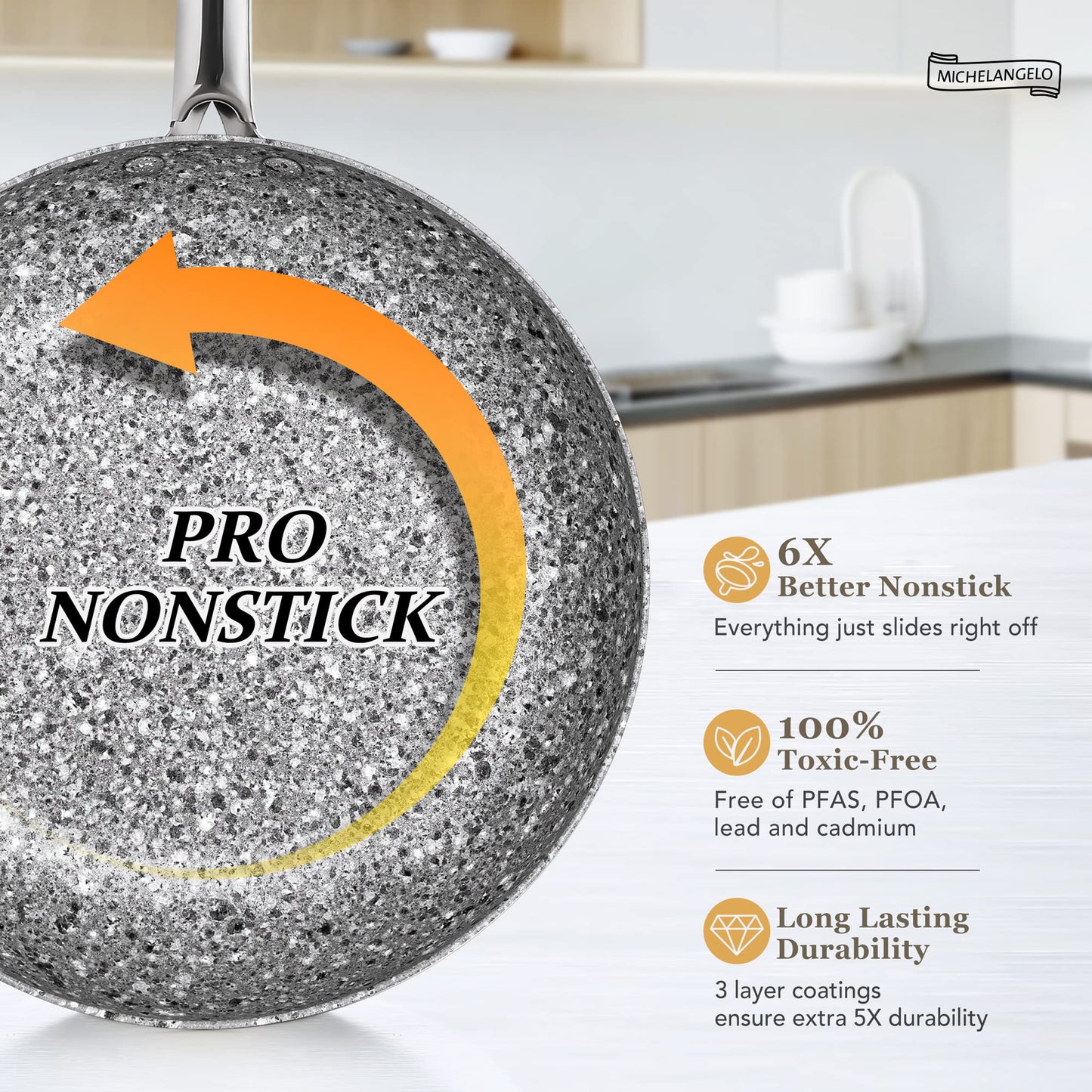MICHELANGELO Stone Frying Pans Set 8/9.5/11 inch, Nonstick Frying Pans with 100% APEO & PFOA-Free Stone Non Stick Coating, Granite Skillet Set, Nonstick Skillets 3 Pcs