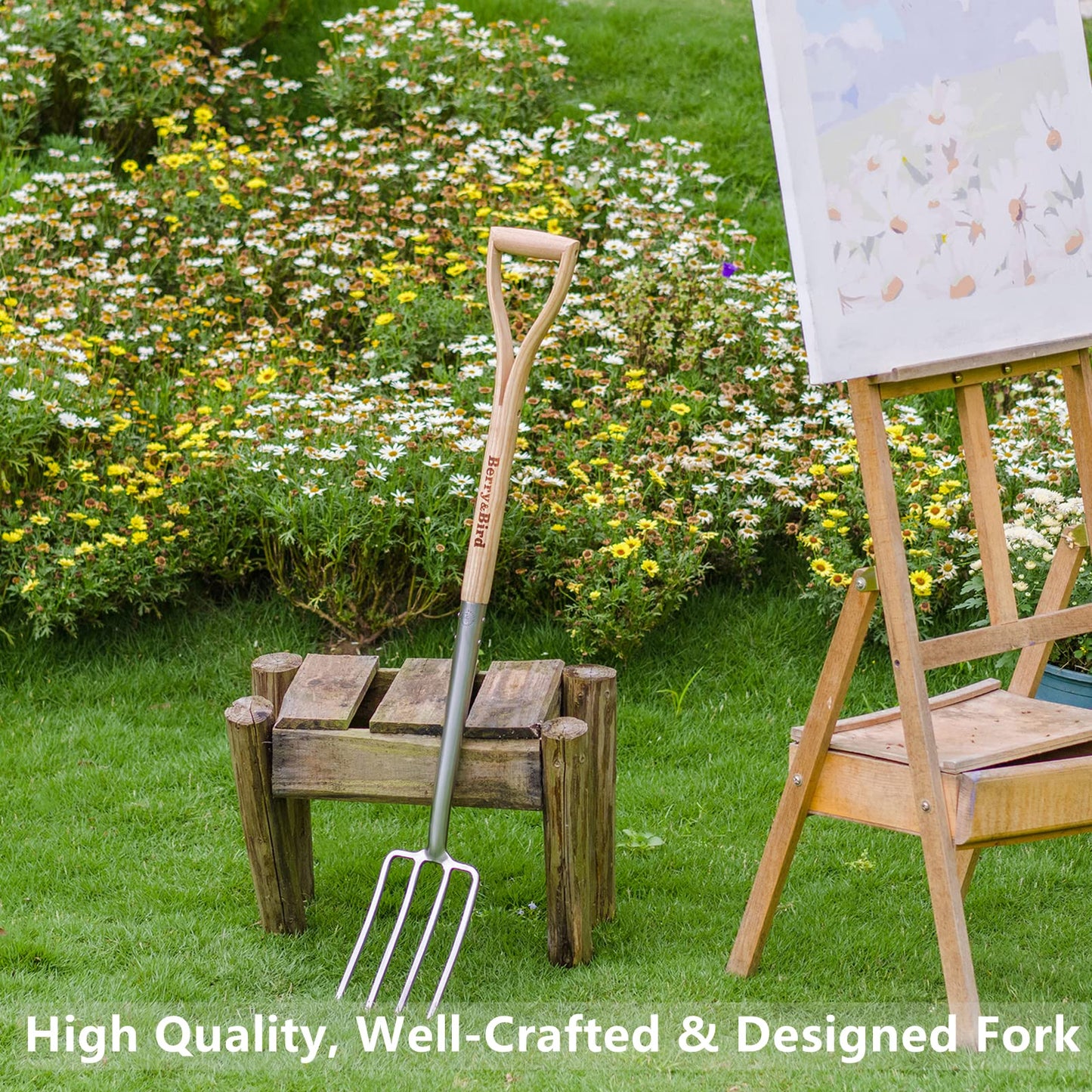 Berry&Bird Garden Digging Fork, 37.4" Stainless Steel Garden Spading Fork with D-Grip Handle, 4-Tine Heavy Duty Long Handled Pitchfork with Ash Wood Handle for Digging, Planting, Aerating, Cultivating