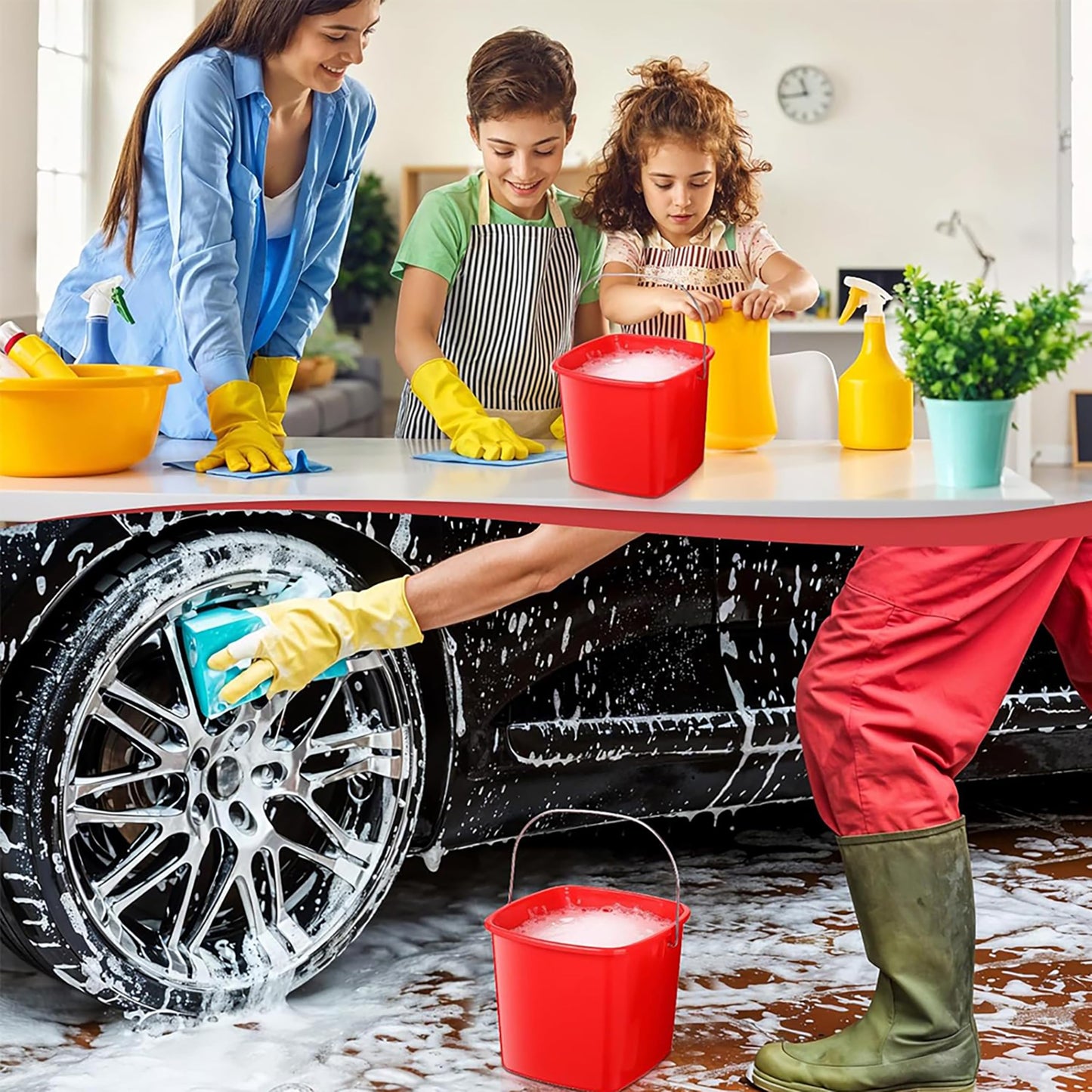 6 Pcs 3 Quart Small Square Plastic Cleaning Bucket with Handle - Red, for Home/Office/School/Commercial/Food Service Sanitizing