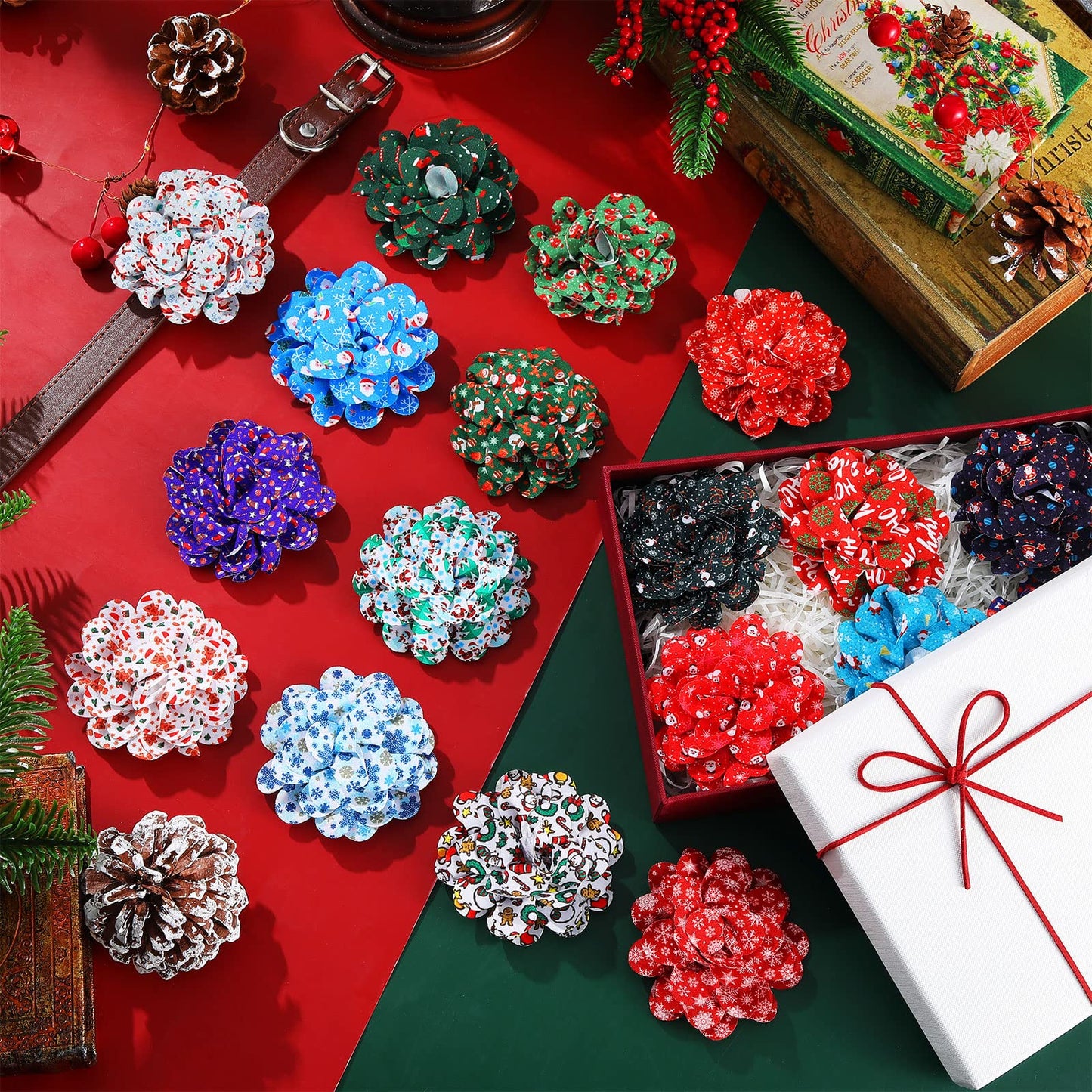 Sanwuta 80 Pieces Christmas Dog Collar Flowers Bulk Santa Claus Snowflakes Dog Charms Grooming Accessories Bow Tie Flower for Pets Cat Collar Attachment Embellishment Xmas Party Costume