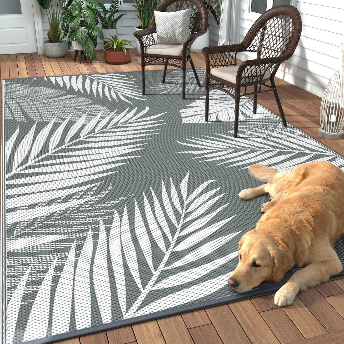 GENIMO Outdoor Rug Waterproof for Patios Clearance, Reversible Outdoor Plastic Straw Camping Rug Carpet, Large Area Rugs Mats for RV, Camper, Deck, Balcony, Porch, Backyard, Beach, Picnic. Leaf