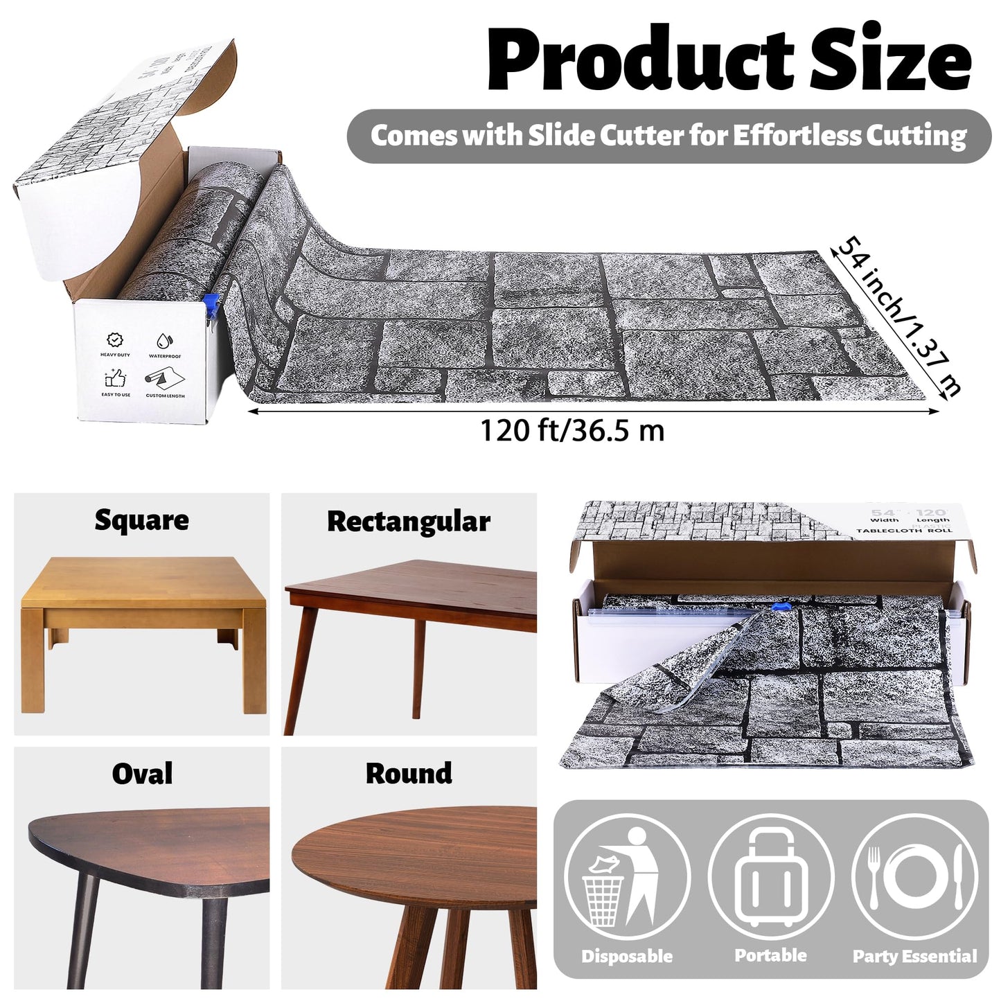 Aneco Halloween Stone Wall Tablecloth Roll with Cutter Box 120 Ft X 54 Inch Disposable Brick Stone Plastic Table Cover Medieval Brick Wall Backdrops for Castle Knight Theme Parties and Birthdays