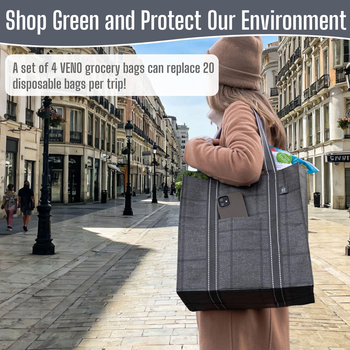 VENO Reusable Grocery Shopping Bags Foldable, Sac Reutilisable Epicerie, Grocery Tote Bags w/Hard Bottom, Multipurpose Utility Tote Bags (Windowpane, 4 Pack)