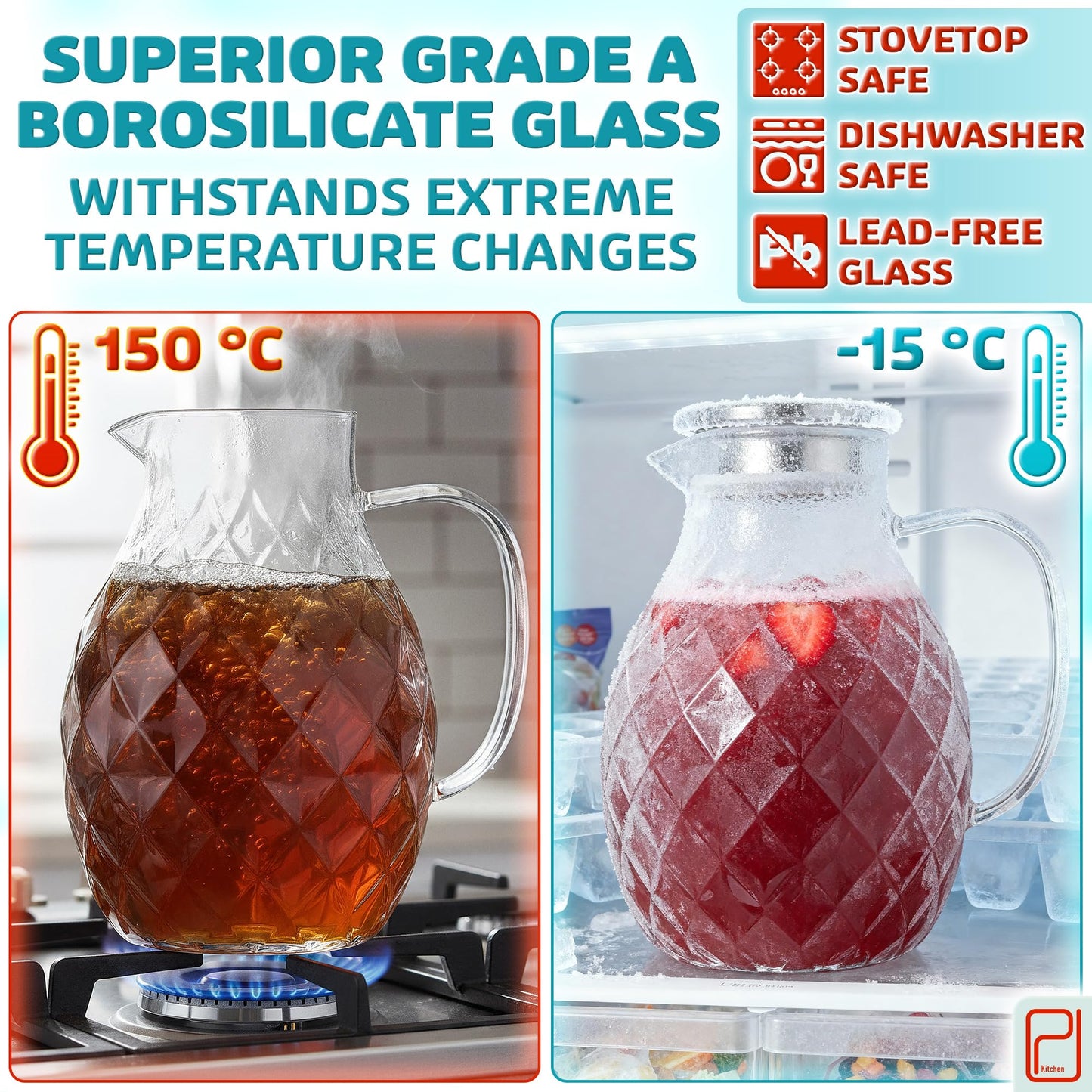 Glass Pitcher with Lid and Spout - 2 Litre / 68 oz - Borosilicate Glass Water Pitcher with Handle - Clear Beverage Container - Carafe for Hot/Cold Drinks - Iced Tea & Juice Server - by PJC-Kitchen