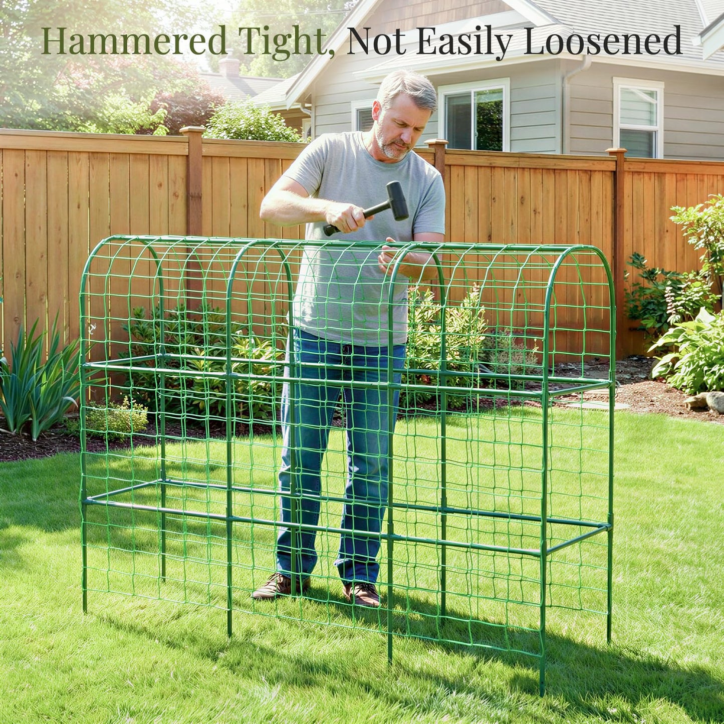 Housolution Cucumber Trellis for Raised Bed, 67"×48" U-Shape Garden Trellis for Climbing Plants Outdoors with 2×3m Net for Tomato Squash Zucchini Peas Beans Grape Fruit Flowers, Green