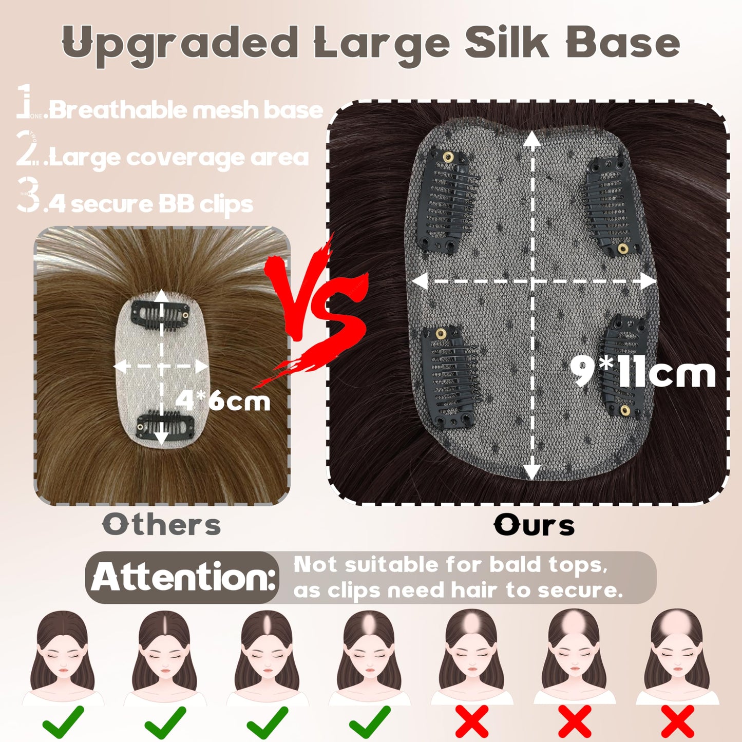 BUPPLER Hair Toppers for Women Real Human Hair-U Shape Toppers Hair Pieces for Women with Thinning Hairr 150% Density Silk Base Clip in Human Topper with Bangs for Daily Use(Dark Brown）