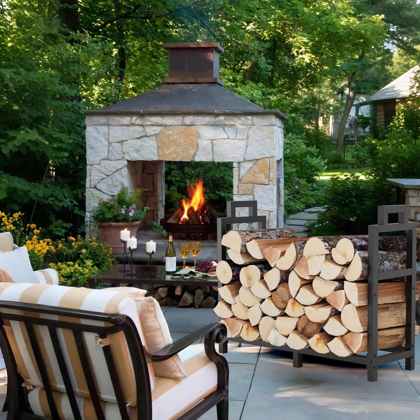 30 Inch Firewood Rack Outdoor Indoor with Handle and Log Carrier Bag, Stable Metal Wood Rack Heavy Duty Log Holder for Fireplace Patio Deck, Rustproof Firewood Storage Organizer Tool, Black, Square