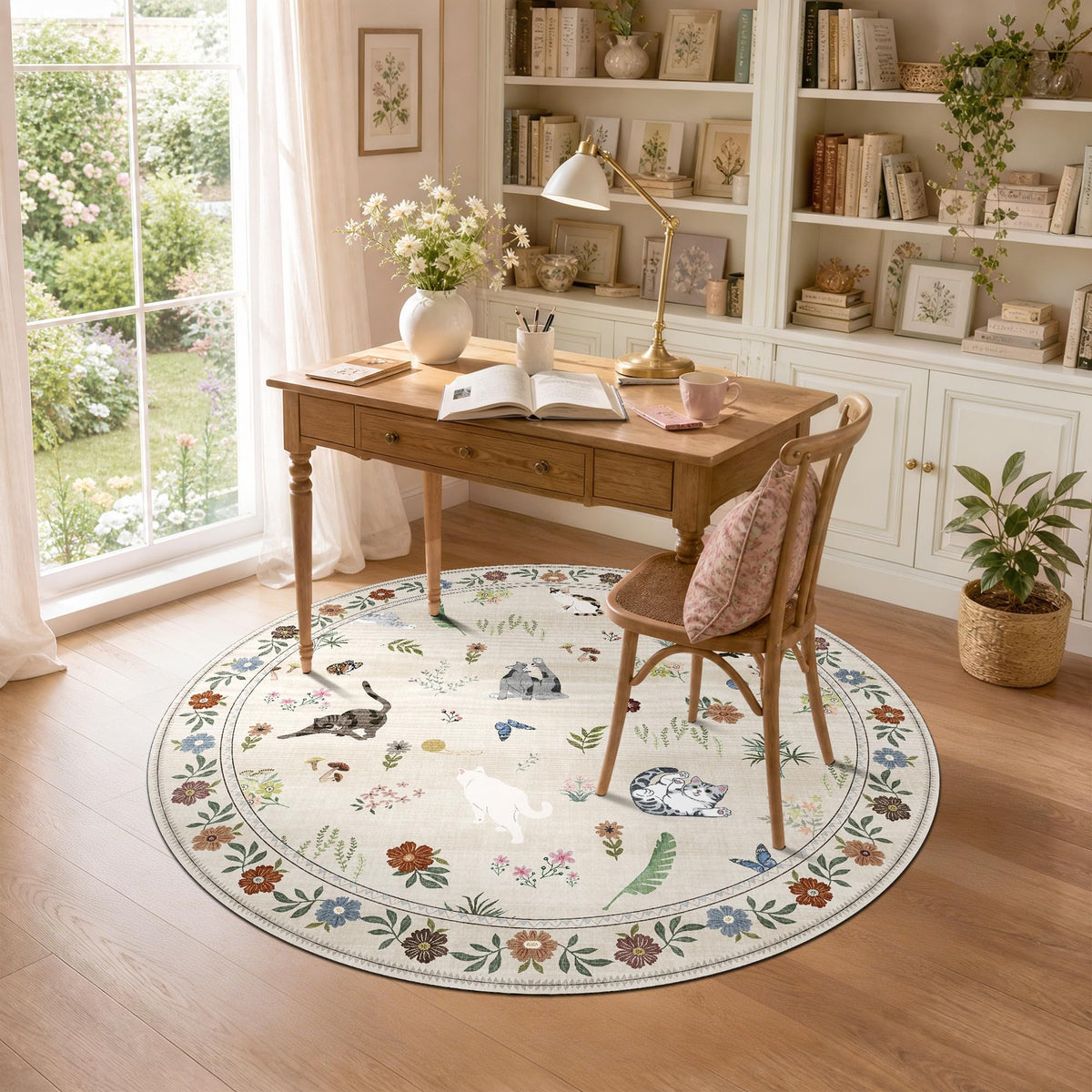 AIMPEAK 4ft Round Washable Area Rug - Non Slip Low Pile Cat Floral Boho Circular Carpet for Dining Table Under, Entryway, Living Room, Bedroom, Nursery, Kids Room, Beige Multi