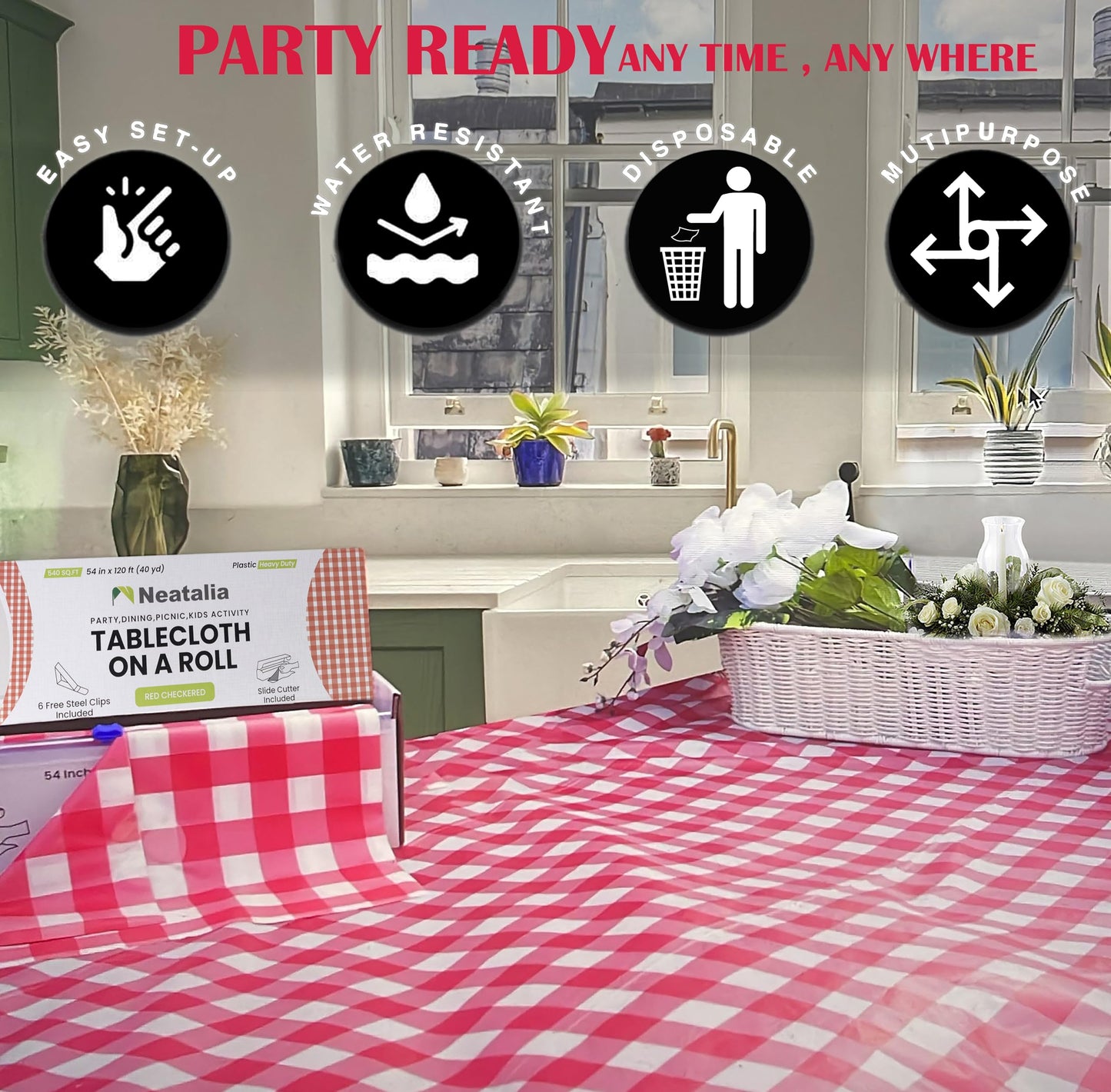 Neatalia Red Checkered Plastic Table Cover Roll - 54 in X 120 Ft - Disposable Red Checkered Table Cloth Roll with Cutter Box Great for Parties and Banquets Disposable Tablecloth Rolls | 6 Cover Clips