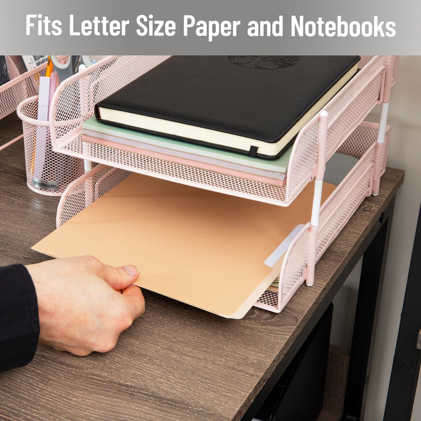 Mind Reader 2-Piece Stackable Metal Mesh Letter Tray, Desktop File Organizer, Document Holder, Magazine Storage, Pink