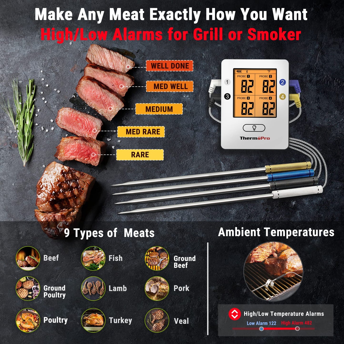 ThermoPro TP25 650 ft Bluetooth Meat Thermometer with 4 Probes, Smart Rechargeable Wireless Meat Thermometer for Grilling, Smoker, Oven, Kitchen, BBQ Thermometer with Alarm, Temperature Graph