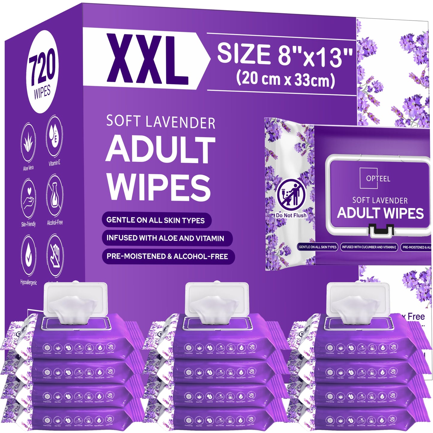 Adult Wipes Lavender Scented – Soft No-Rinse Incontinence Care Disposable Washcloths 8"x13" 720 Wipes