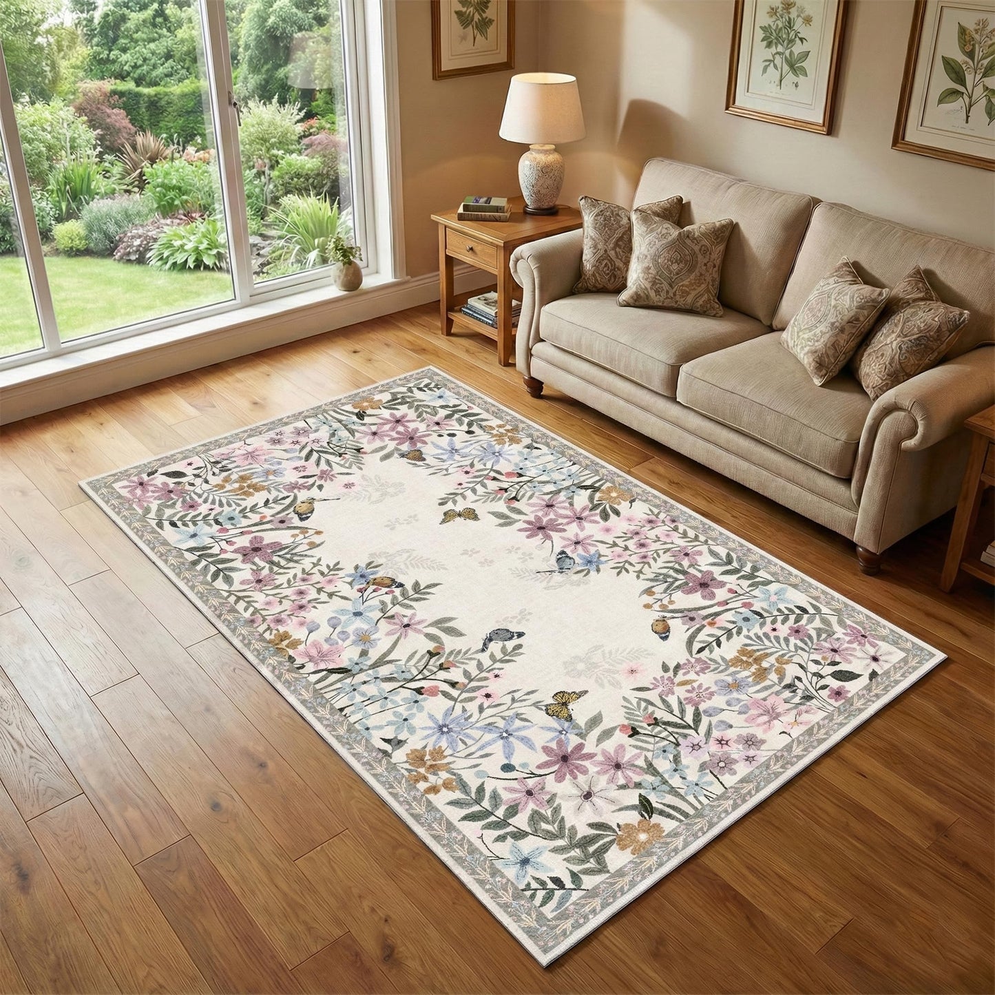 KUEAO 4x6 Area Rug Beige, Floral Rugs for Living Room, Lightweight Non Slip Washable Rug, Indoor Low Pile Boho Design Rugs for Bedroom Living Room Dining Room Beige
