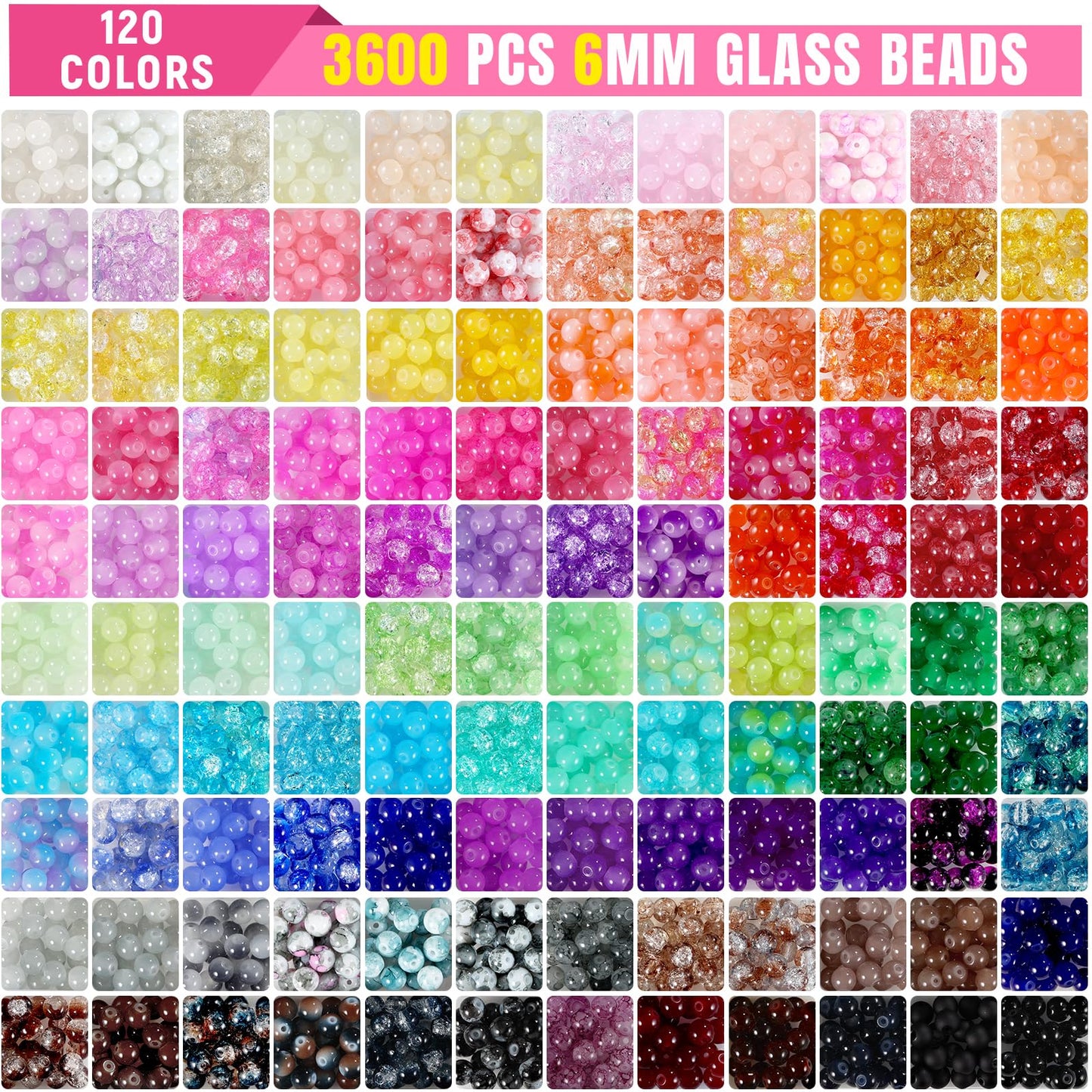 Zefy 120 Colors Glass Beads Bracelet Making Kit, 6mm 3876pcs Crystal Beads for Jewelry Making and DIY Crafts, 5 Box Round Bead for Friendship Bracelets with Spacer Beads and Charms
