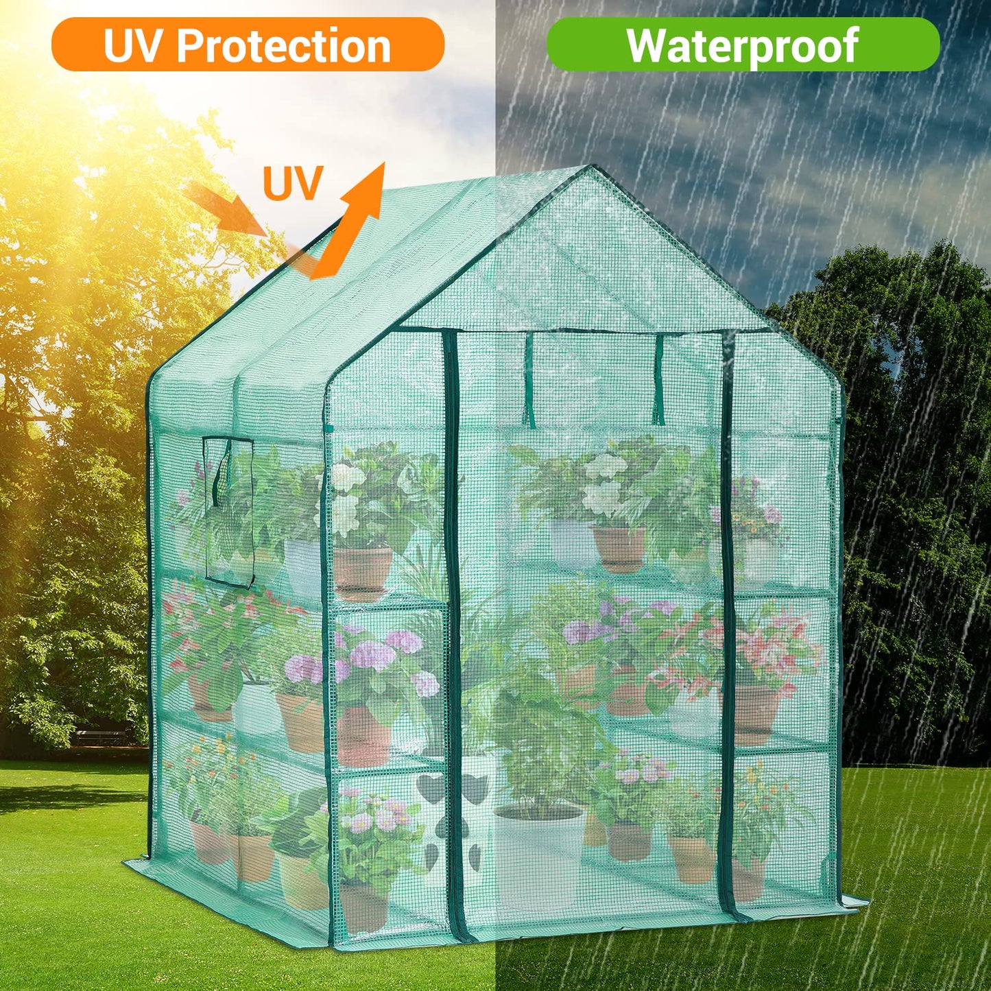 57.5" x 57" x 76" Greenhouse for Outdoors with Observation Windows, Ohuhu Large Walk-in Plant Greenhouse, 3 Tiers 12 Shelves Stands Green House with Ground Pegs & Ropes for Stability, 4.8x4.8x6.3 FT