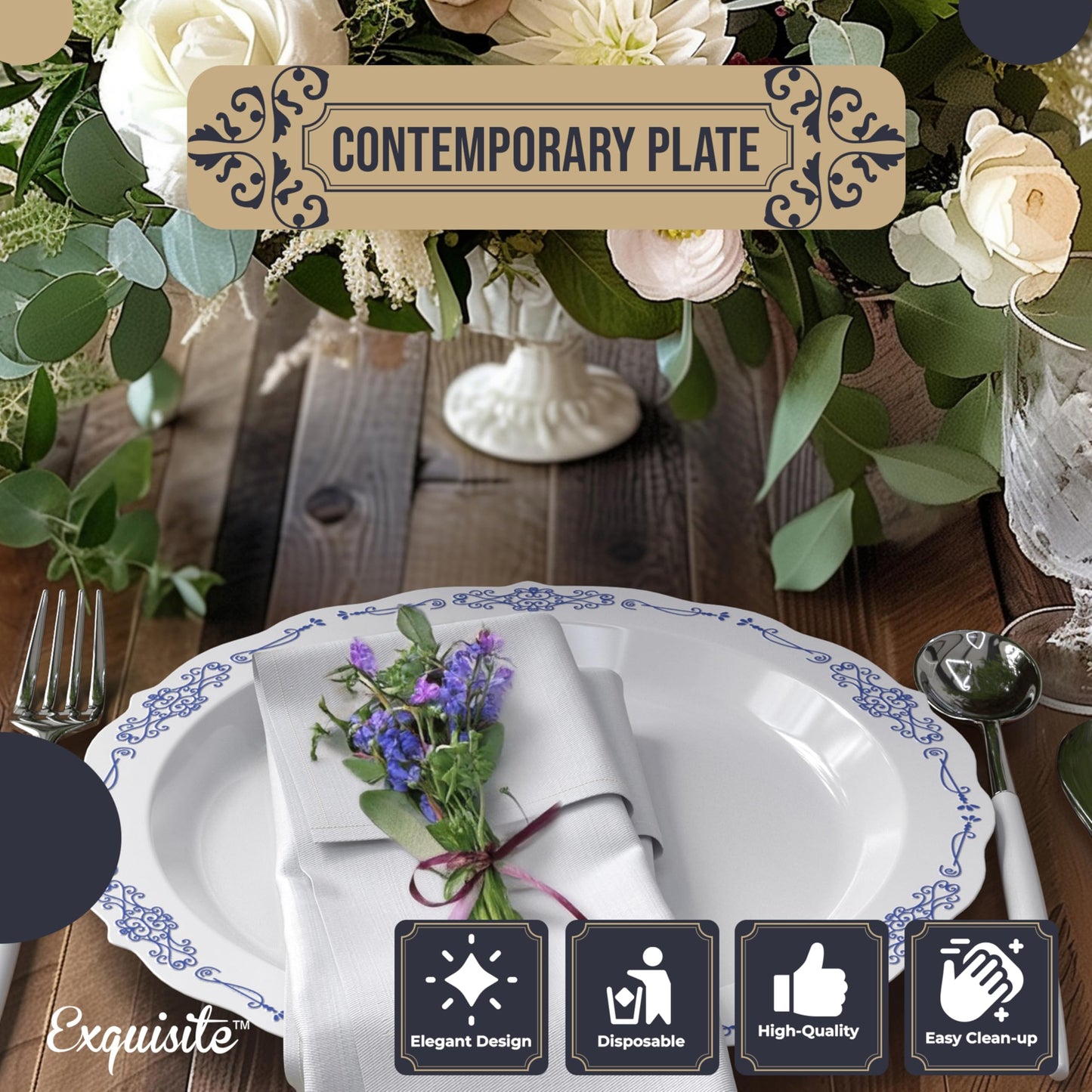 Exquisite Victorian 60-Piece Disposable Party Plates - 60 x 10 inch Dessert Plates, Heavy Duty White & Navy