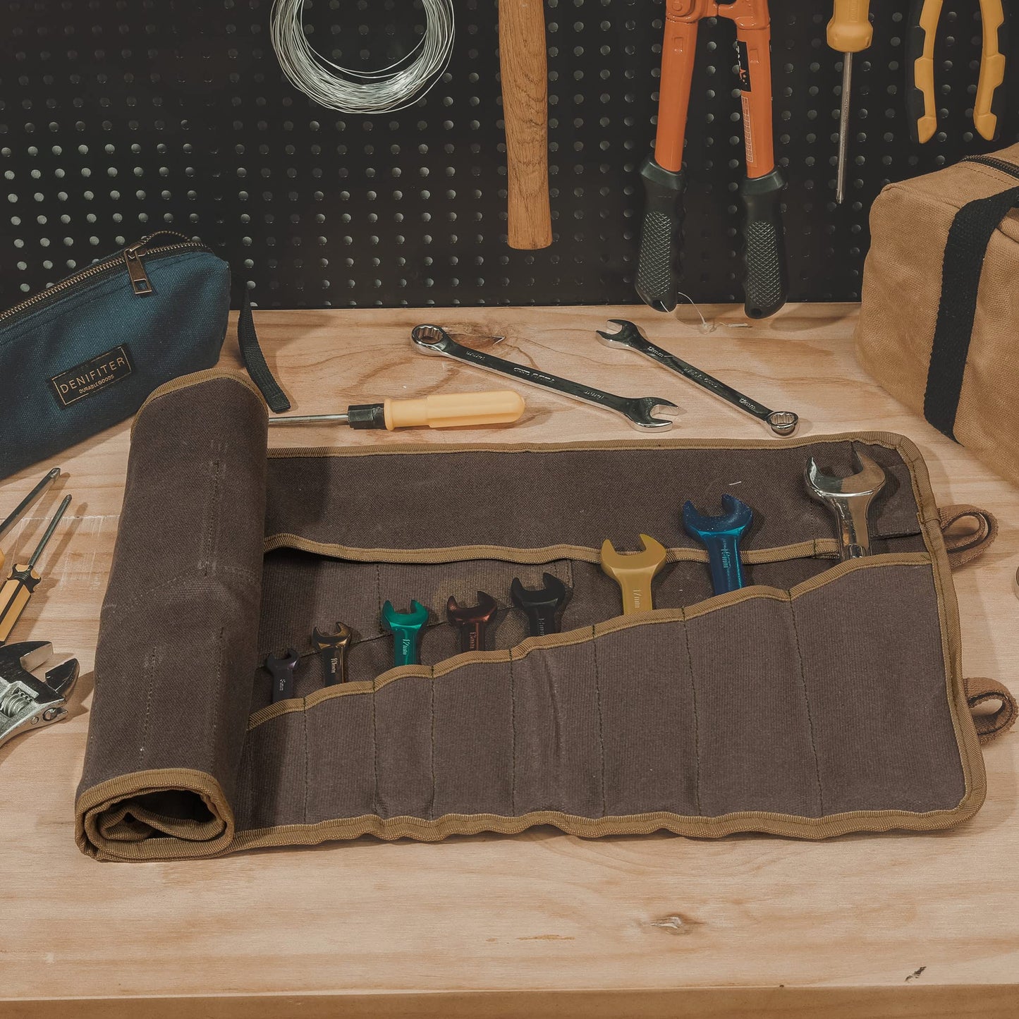 Wrench Roll Up Pouch, Heavy Duty Waxed Canvas Tool Bag Tool Organizer Roll With 20+4 Pockets (Brown)