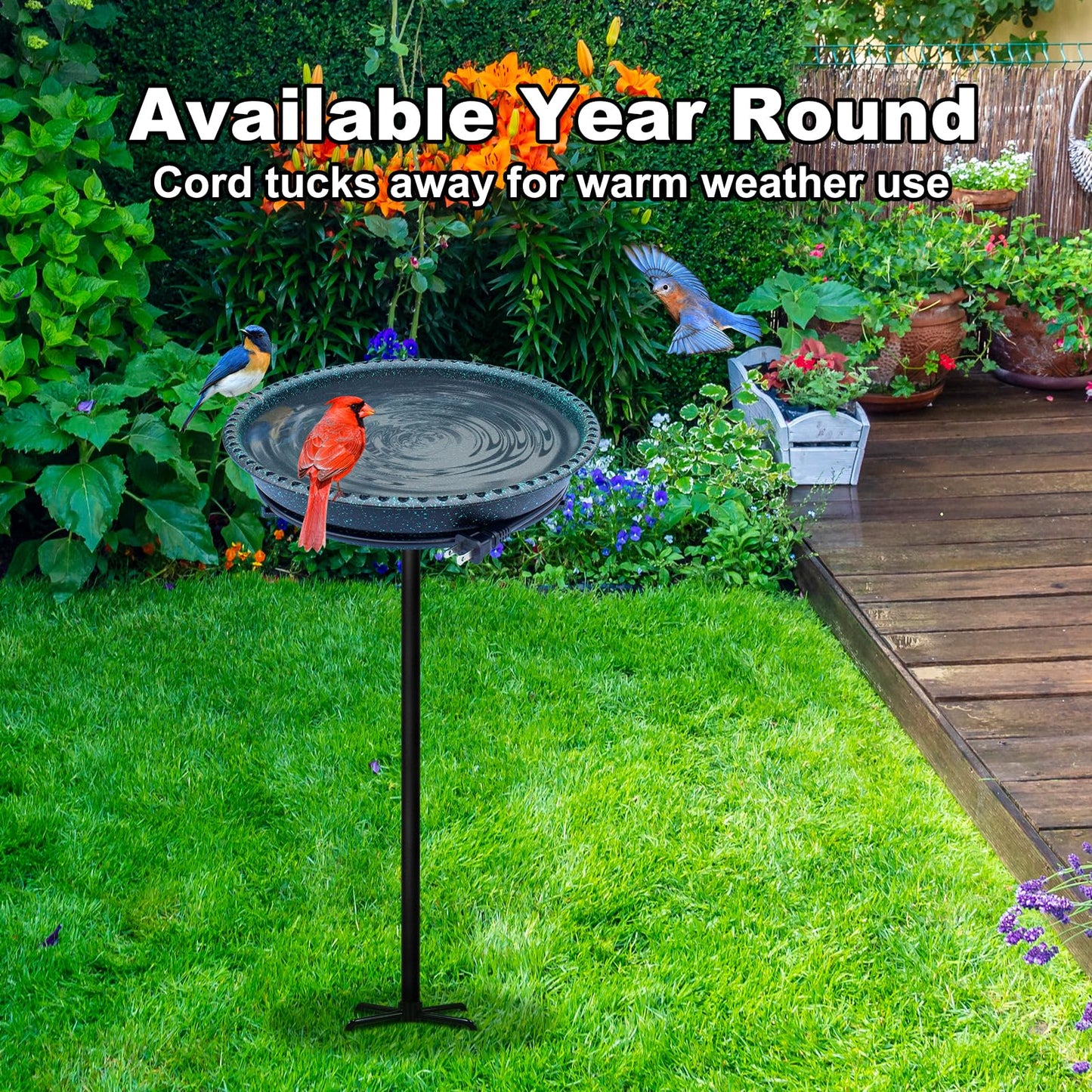 BIRD WISH Heated Bird Bath, Stable 5-Prong Metal Base Thermostat Control Weather Resistance All Seasons Available 75W Heated Bird Baths for Outdoors for Winter Garden Yard Patio Lawn, Spotted Green