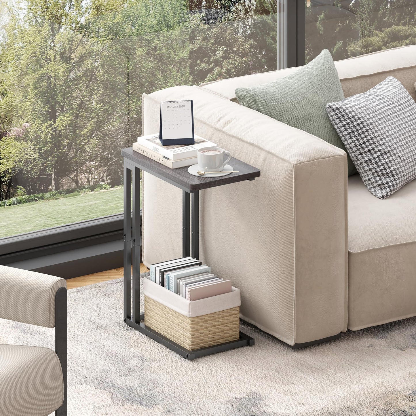Yusong C Shaped End Table, Couch Side Table that Slide Under Sofa Bed, Small Table for Small Spaces, Skinny Overbed Table, Coffee Drink Snack Table for Living Room, Grey