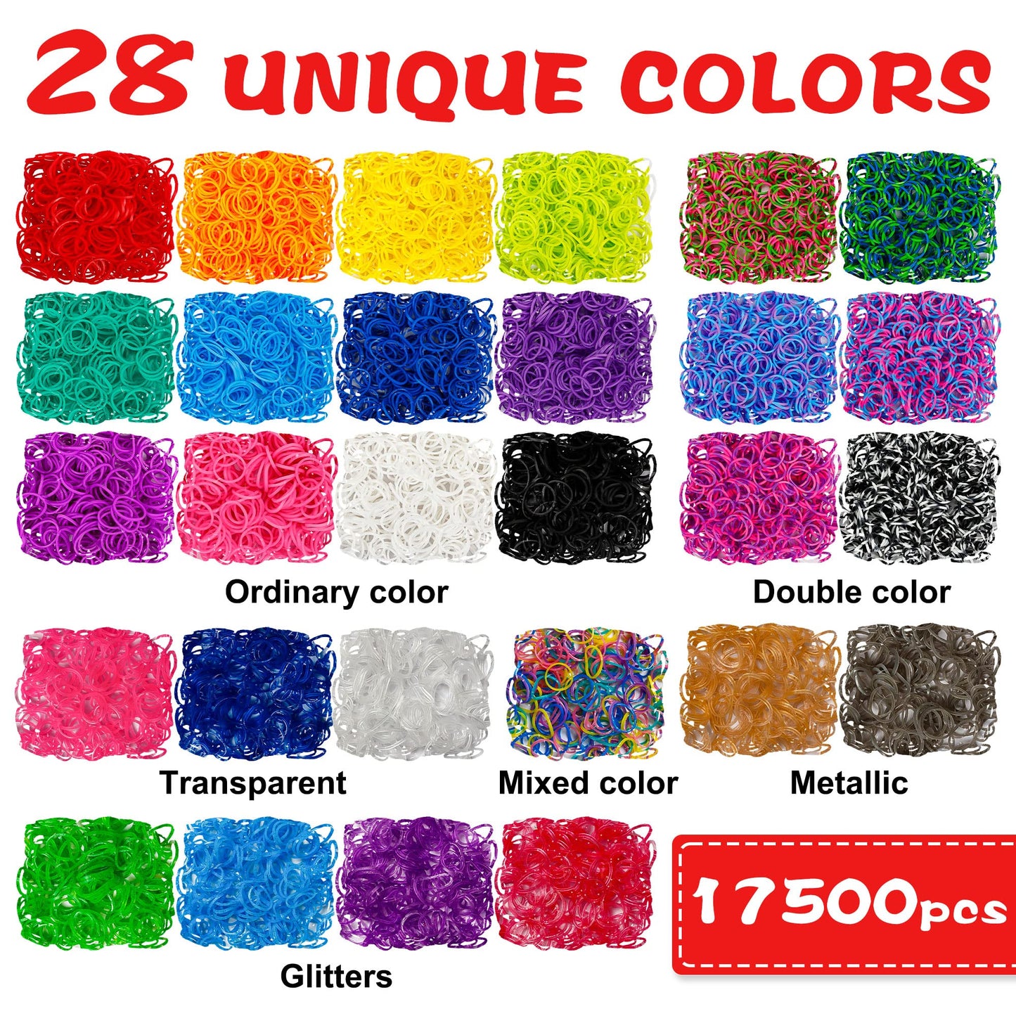 INSCRAFT 17500+ Rubber Loom Bands with 3 Layer Purple Container, 28 Colors, 600 S-Clips, 352 Beads, 40 Cartoon Pendant, Bracelet Making Refill Kit for Kids