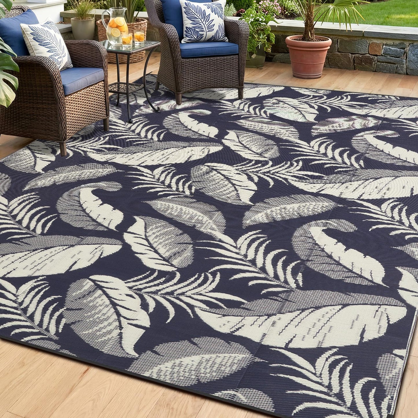OPPODREAM Reversible Outdoor Rug 5x7, Waterproof Outdoor Plastic Straw Rug for Patio, Tropical Leaf Spring Camping Rugs for Outside, Deck, Backyard, Camping, Balcony, Porch, Rv, Navy and Beige