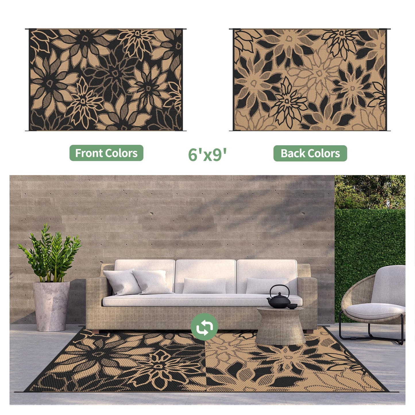GENIMO Outdoor Rug Waterproof for Patio Decor, Reversible Plastic Straw Floral Camping Carpet, Large Area Rugs Mats for RV, Camper, Deck, Balcony, Porch, Beach, Picnic, Black & Brown