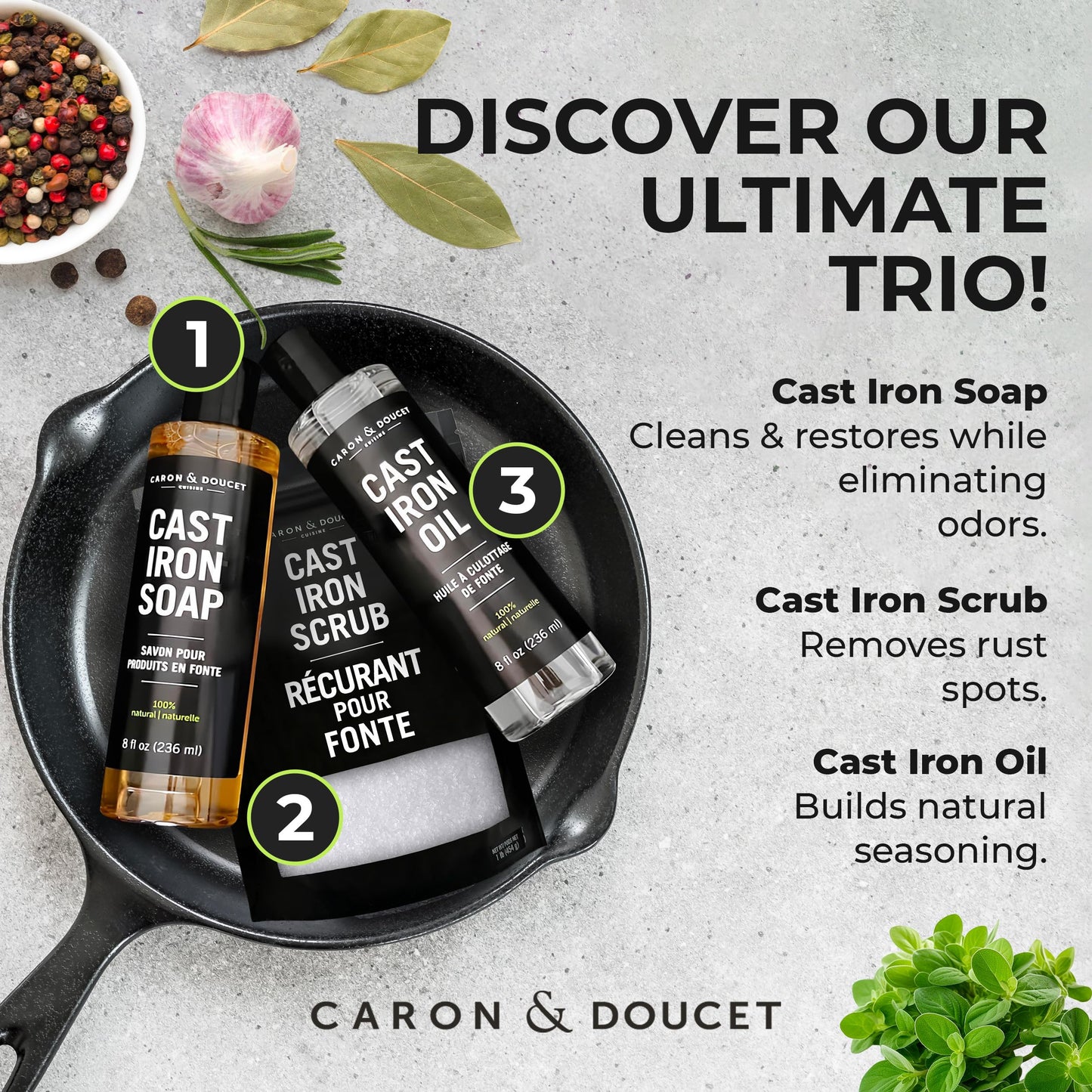 CARON & DOUCET – Ultimate Cast Iron Set Plus: Seasoning Oil, Cleaning Soap & Restoring Scrub | 100% Plant-Based & Best for Cleaning Care, Washing, Restoring & Seasoning Skillets, Pans & Grills!