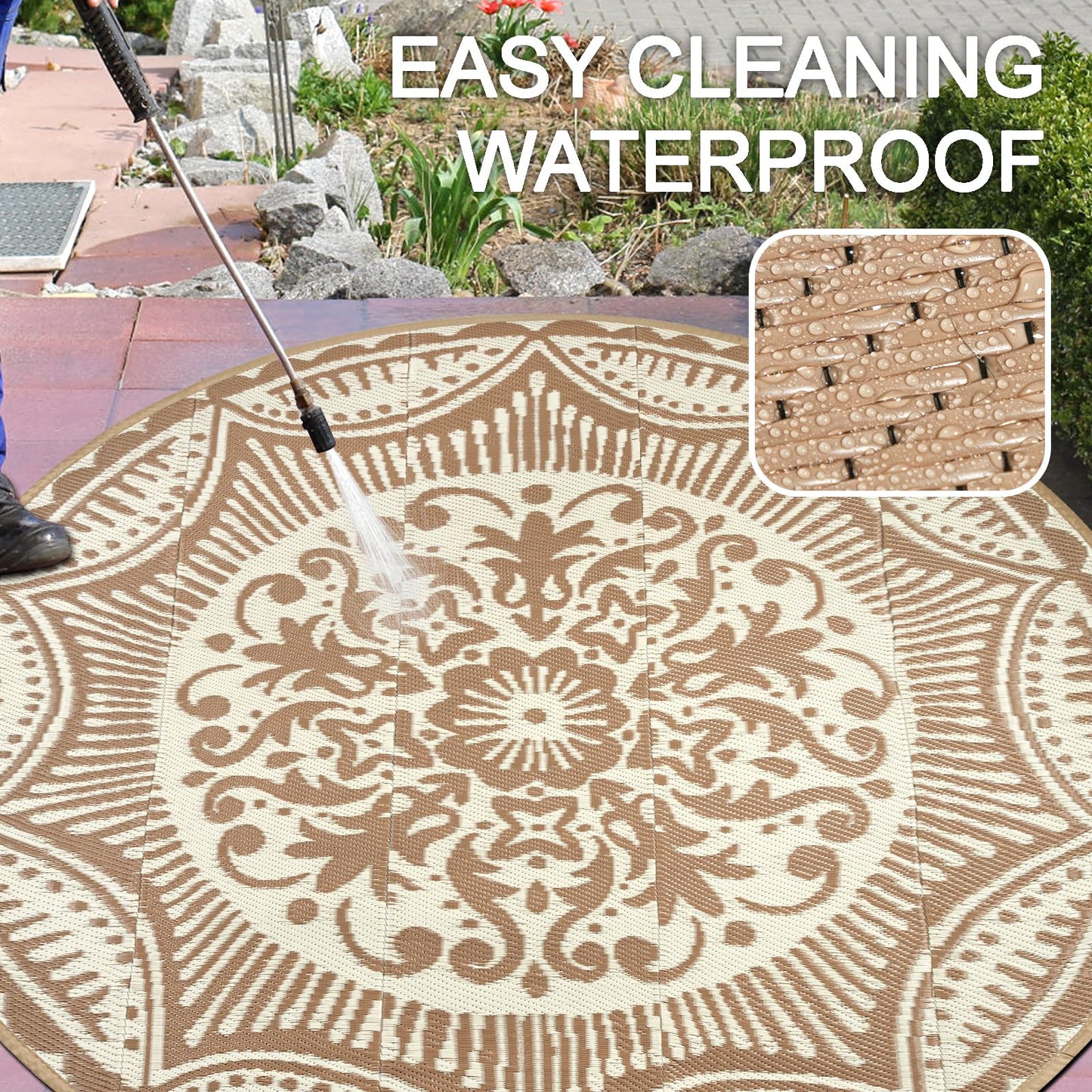 Capslpad 6'x6' Outdoor Rug for Patio Clearance Reversible Mats Round Portable Plastic Straw Carpet Waterproof Boho Indoor Outside Area Rugs for RV Camping Picnic Pool Tent Balcony Beach, Brown&Beige